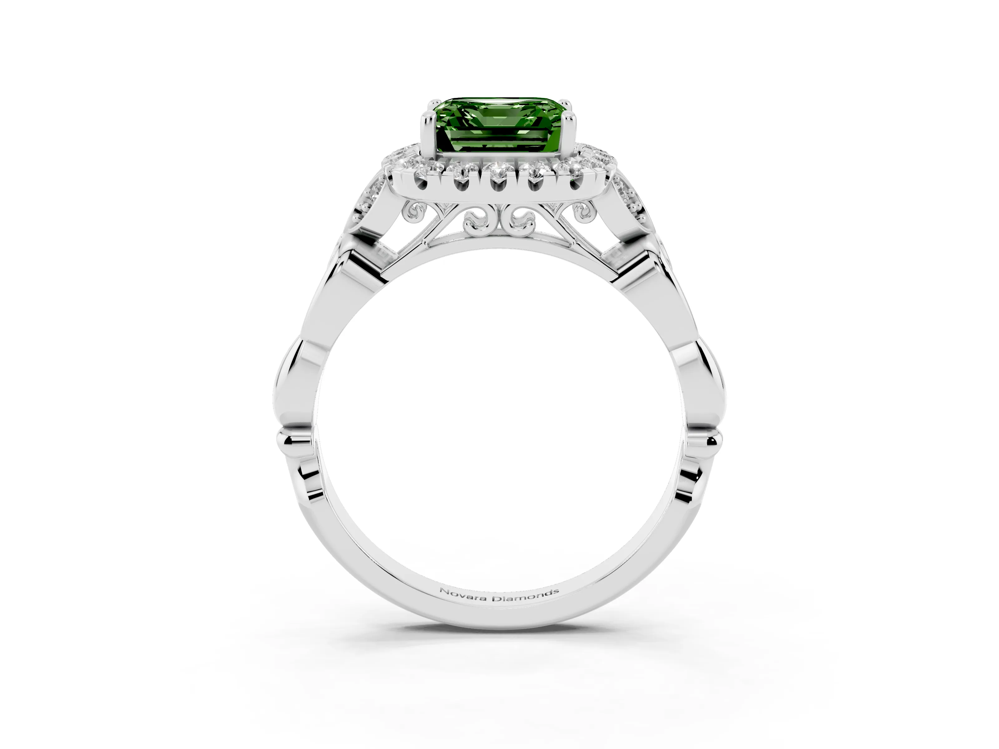 Fancy Green Asscher Cut Diamond Halo Engagement Ring Set in Silver with Vintage-Inspired Band and Prong Setting