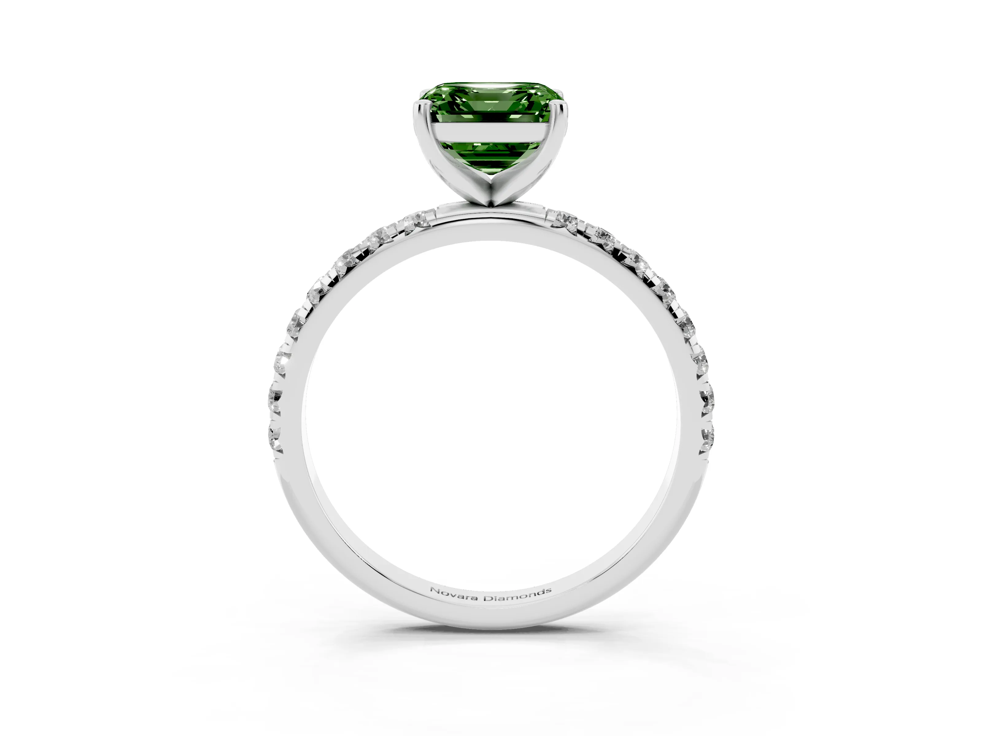 Fancy Green Asscher Cut Diamond Solitaire Ring Set in Platinum with Micro Pavé Band and Prong Setting