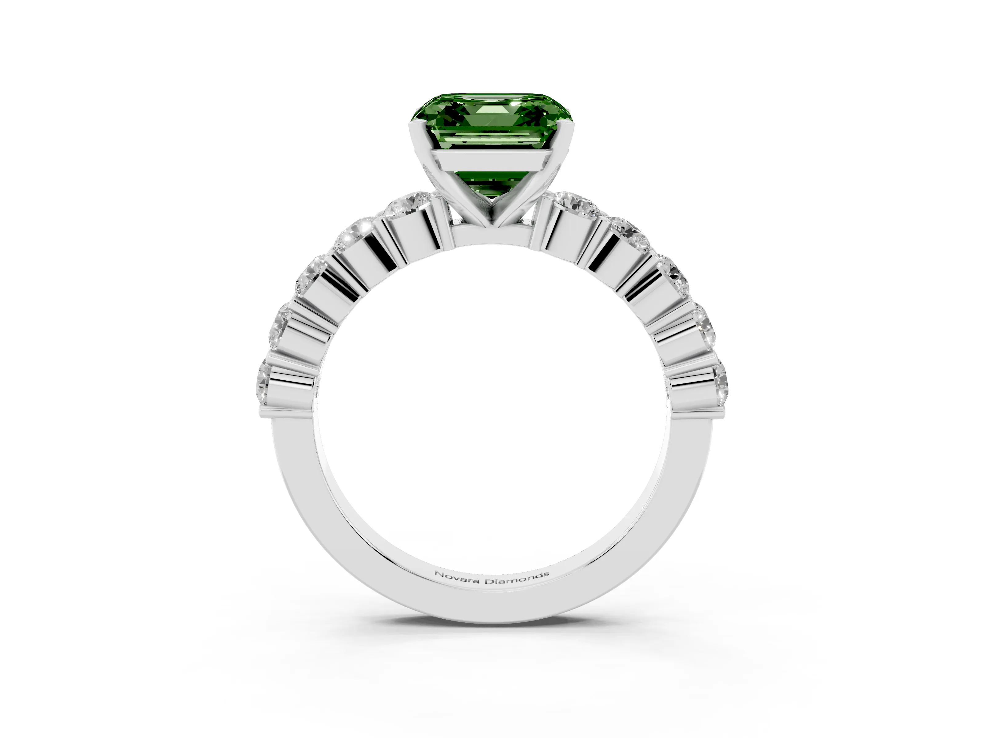 Fancy Green Asscher Cut Diamond Solitaire Ring Set in White gold with Shared Prong Round Side Stones