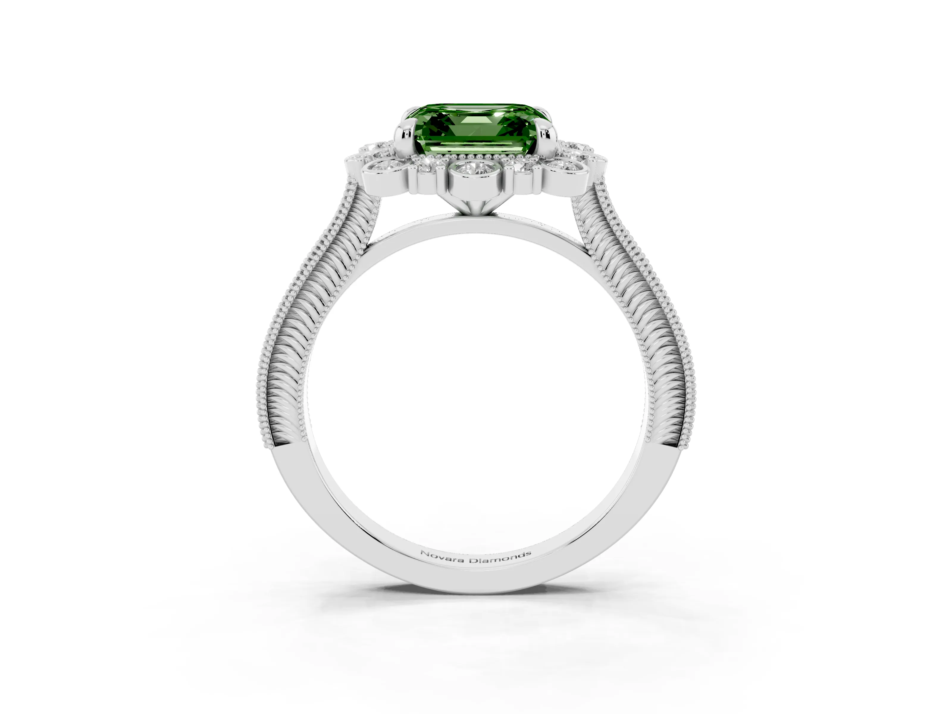 Fancy Green Asscher Cut Diamond Halo Milgrain Pavé Ring Set in White gold with Prong Setting