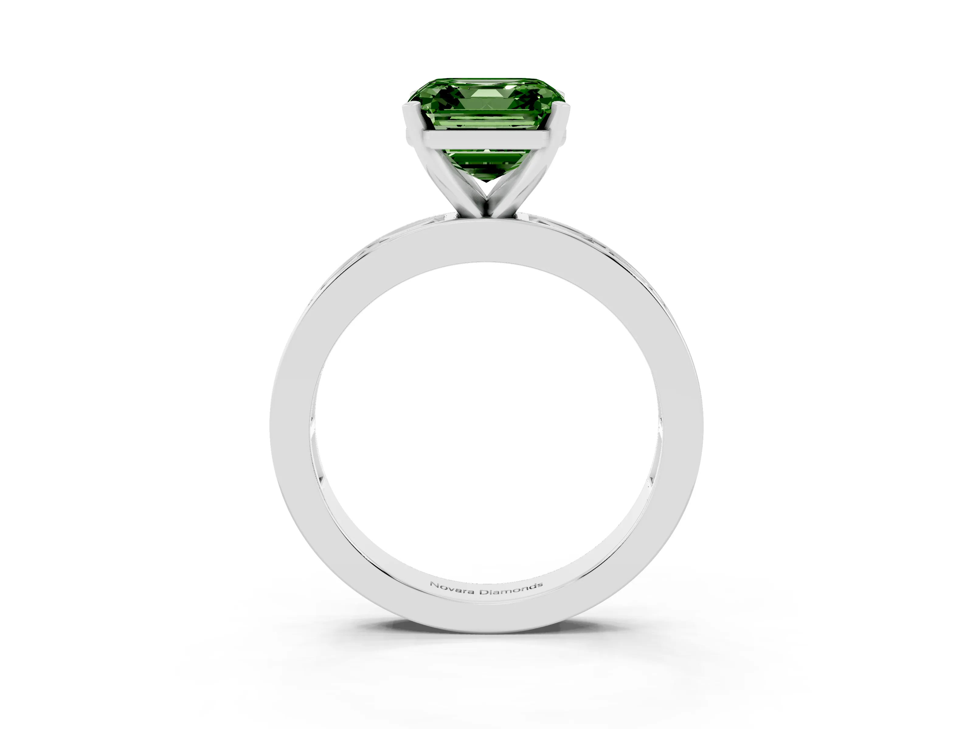 Fancy Green Asscher Cut Diamond Solitaire Ring Set in White gold with Channel-Set Baguette Band and Prong Setting