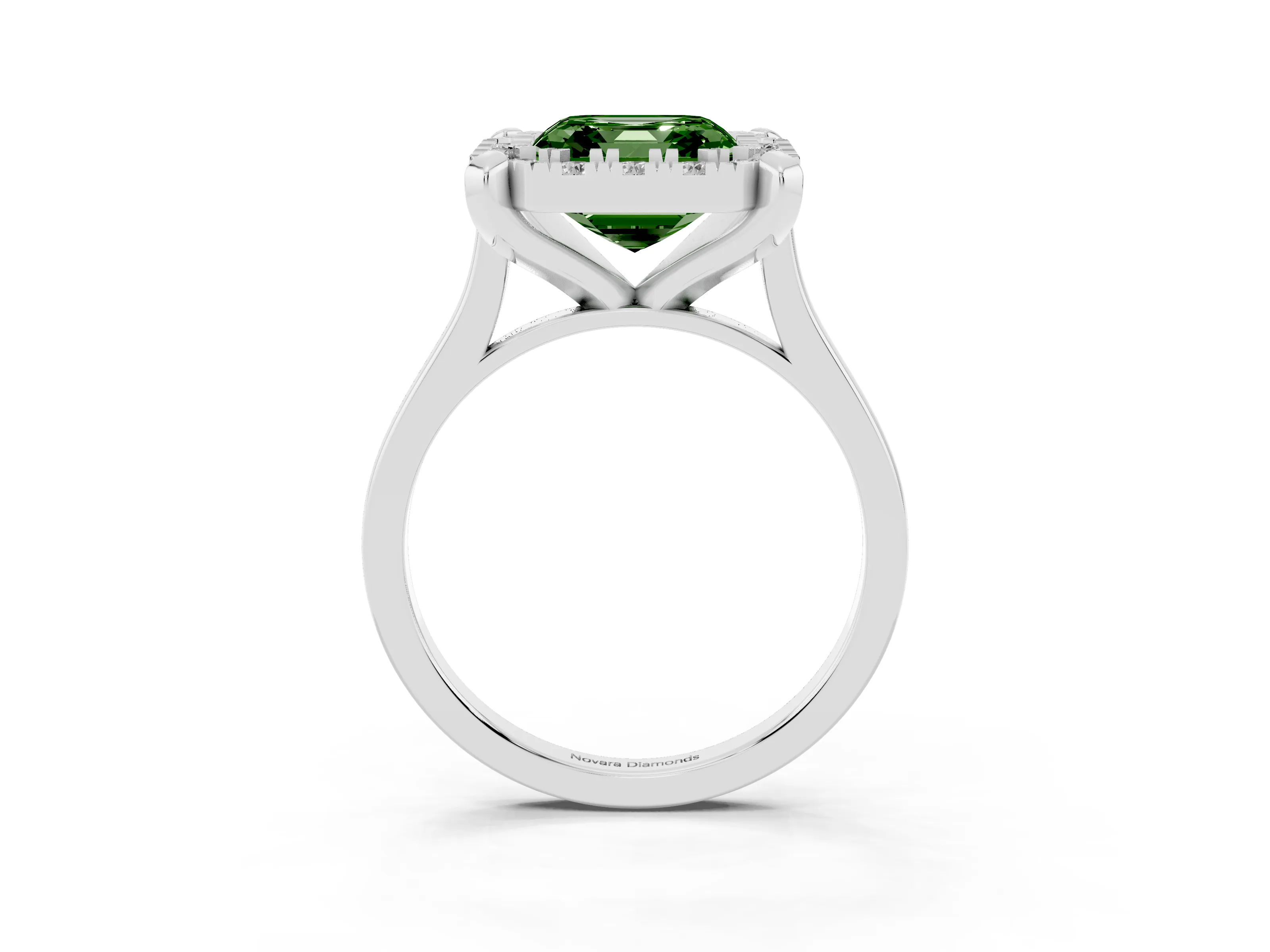 Fancy Green Asscher Cut Diamond Cluster Halo Solitaire Ring Set in Silver with Prong Setting
