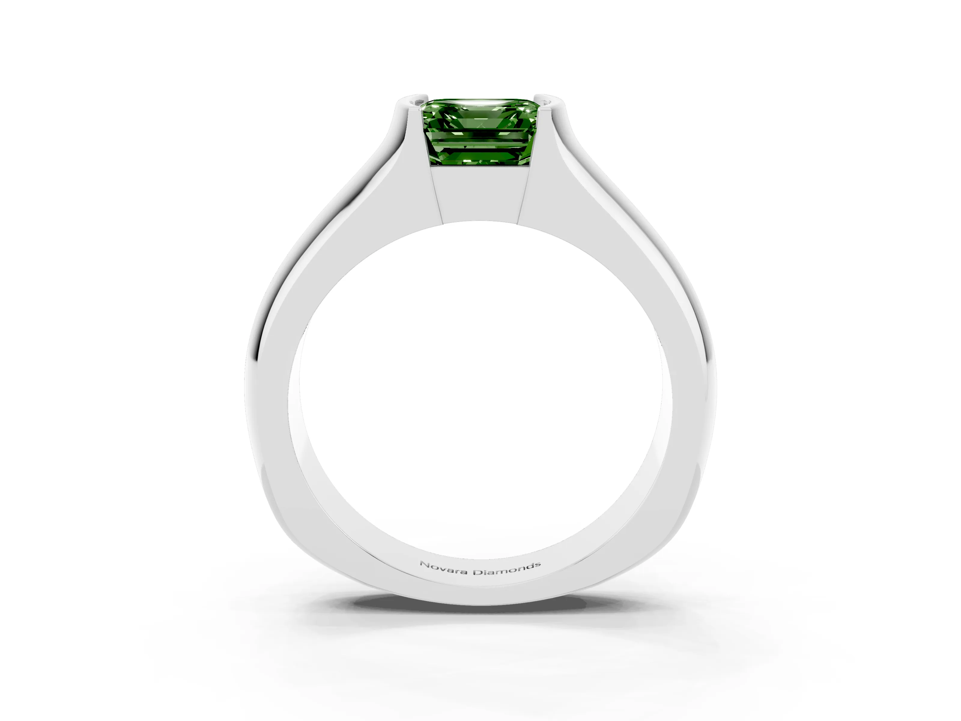 Fancy Green Asscher Cut Diamond Bezel Solitaire Ring Set in White gold with Wide Band