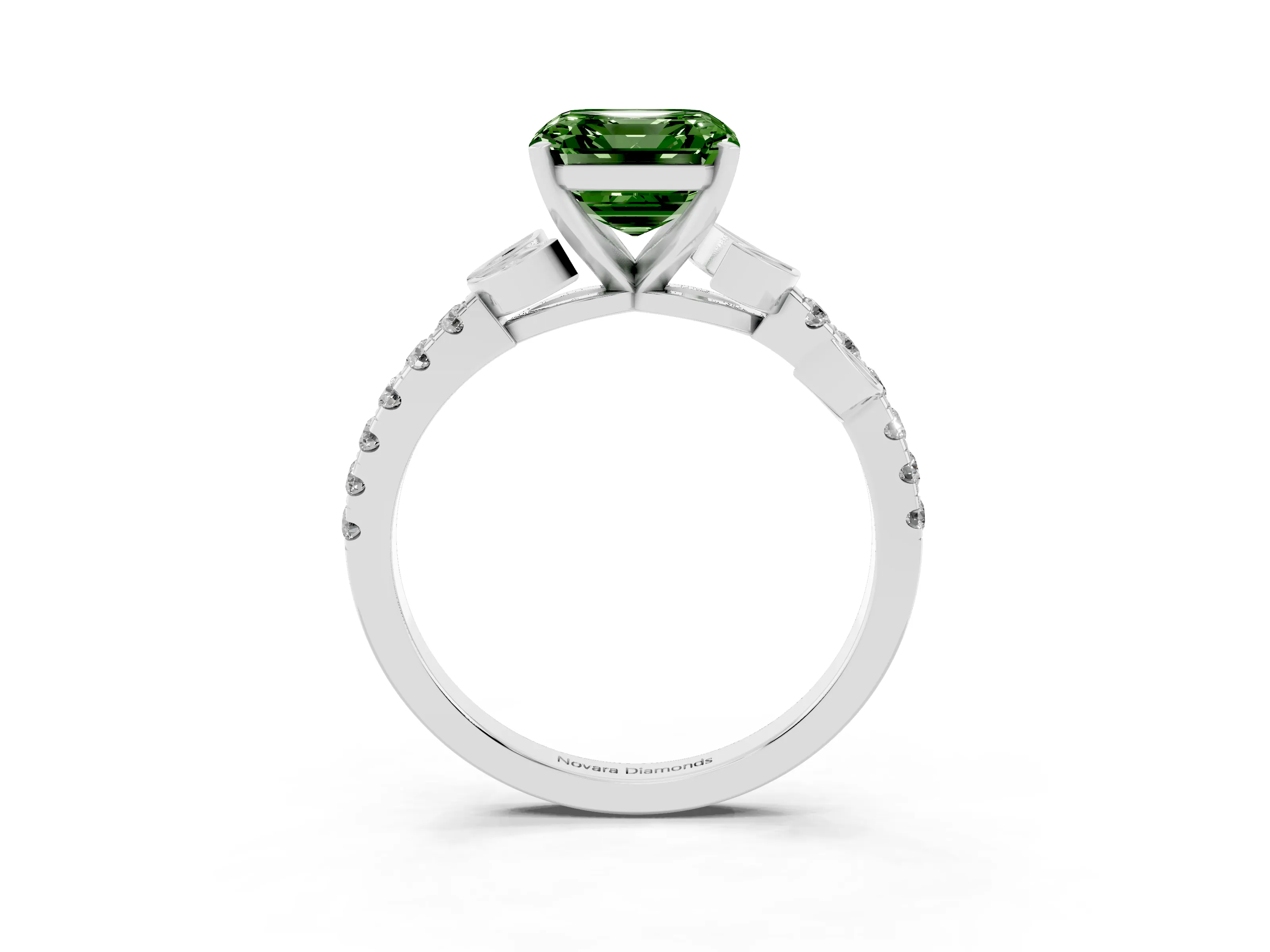 Fancy Green Asscher Cut Diamond Solitaire Leaf-Inspired Ring Set in White gold with Pavé Band and Prong Setting