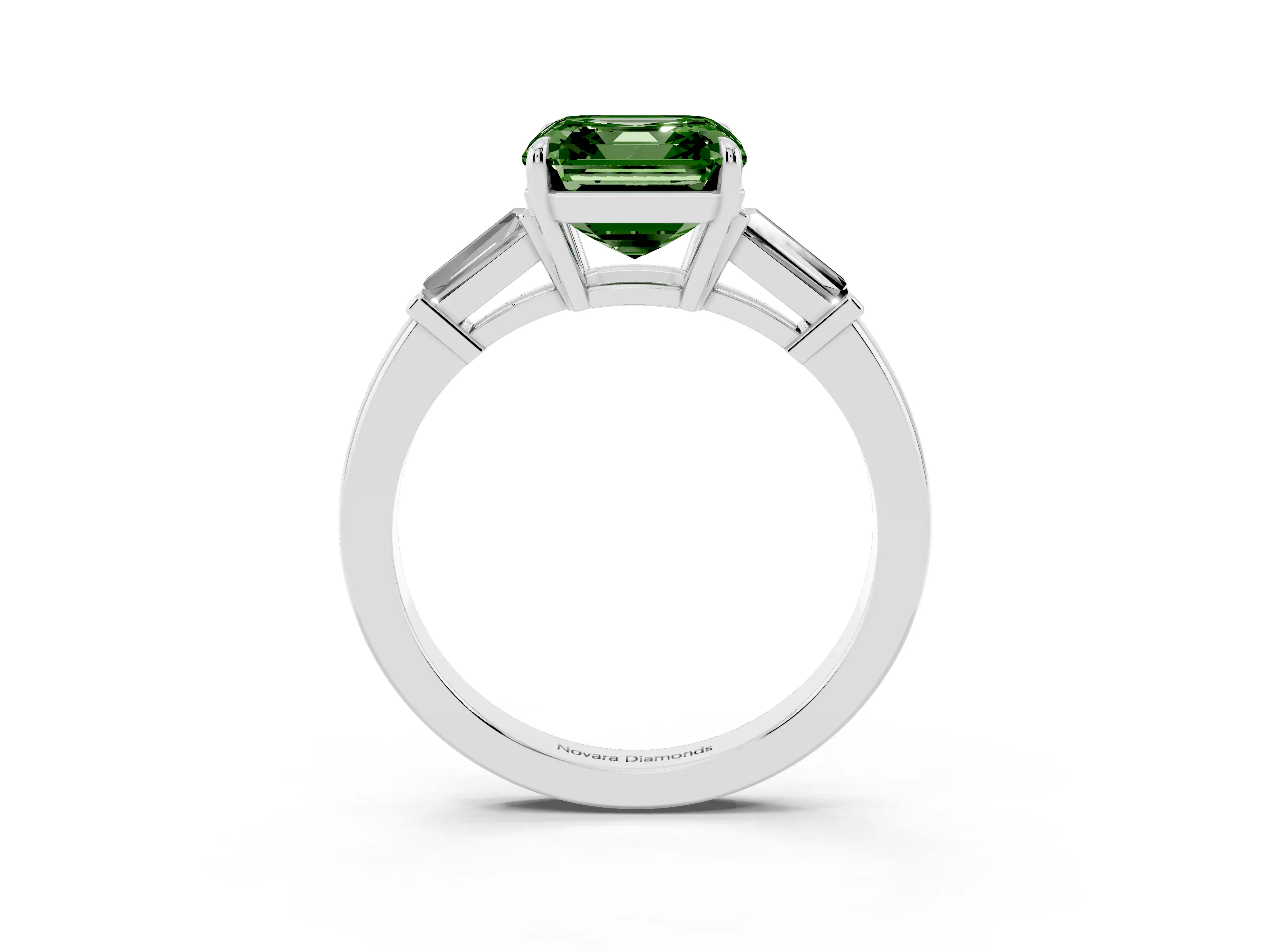 Fancy Green Asscher Cut Diamond Three-Stone Ring Set in Platinum with Tapered Baguette Side Stones and Prong Setting