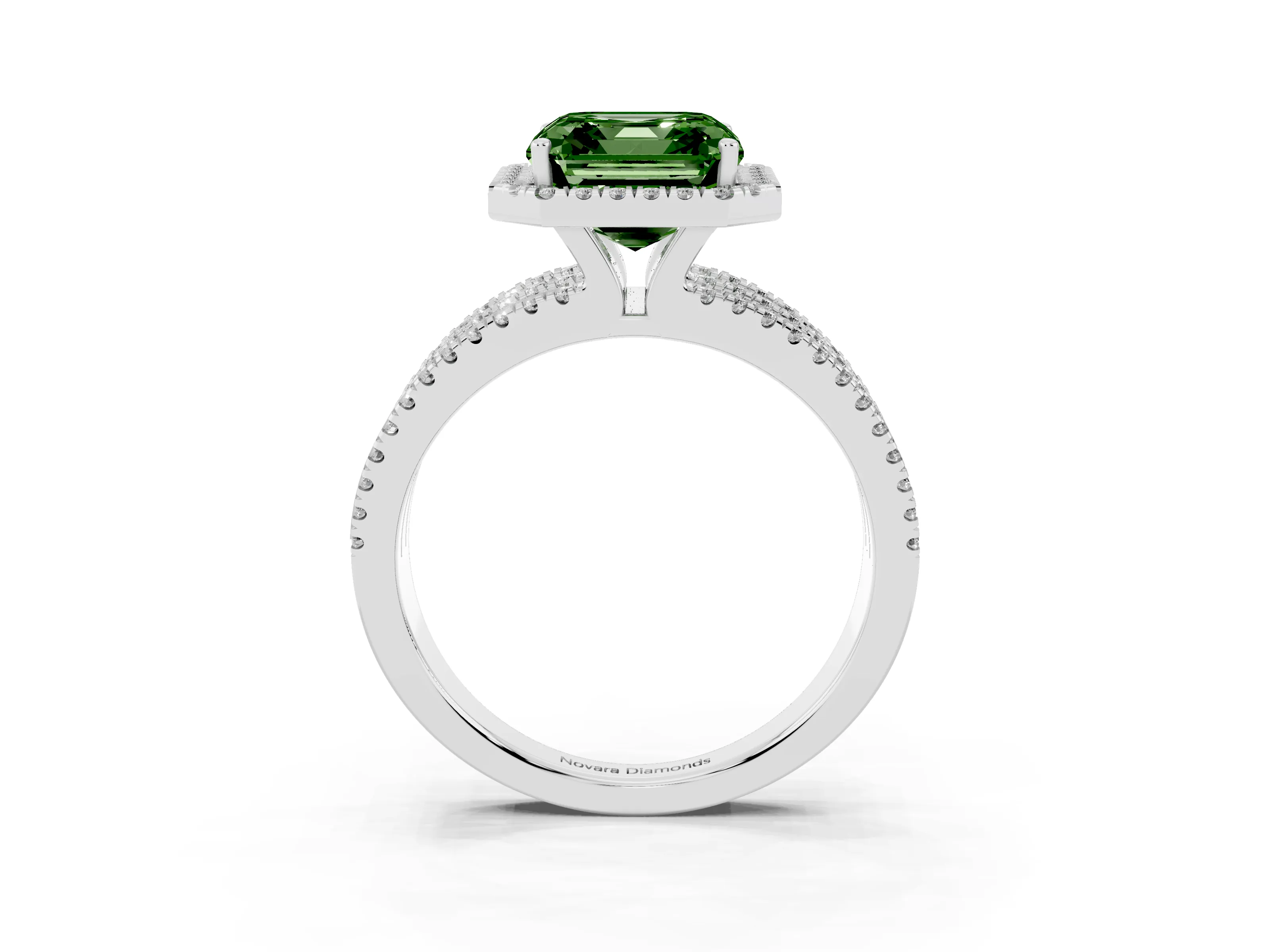 Fancy Green Asscher Cut Diamond Halo Split Shank Engagement Ring Set in Silver with Prong Setting