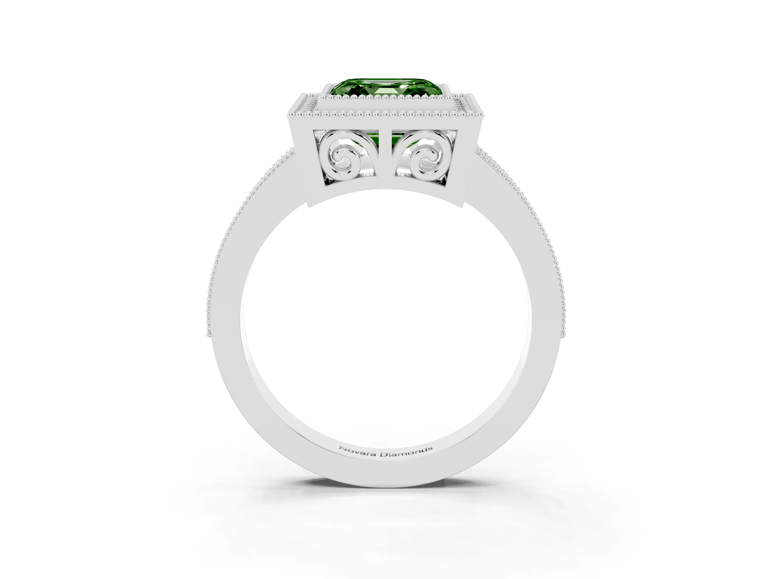 Fancy Green Asscher Cut Diamond Round Halo Ring Set in White gold with Pavé Band
