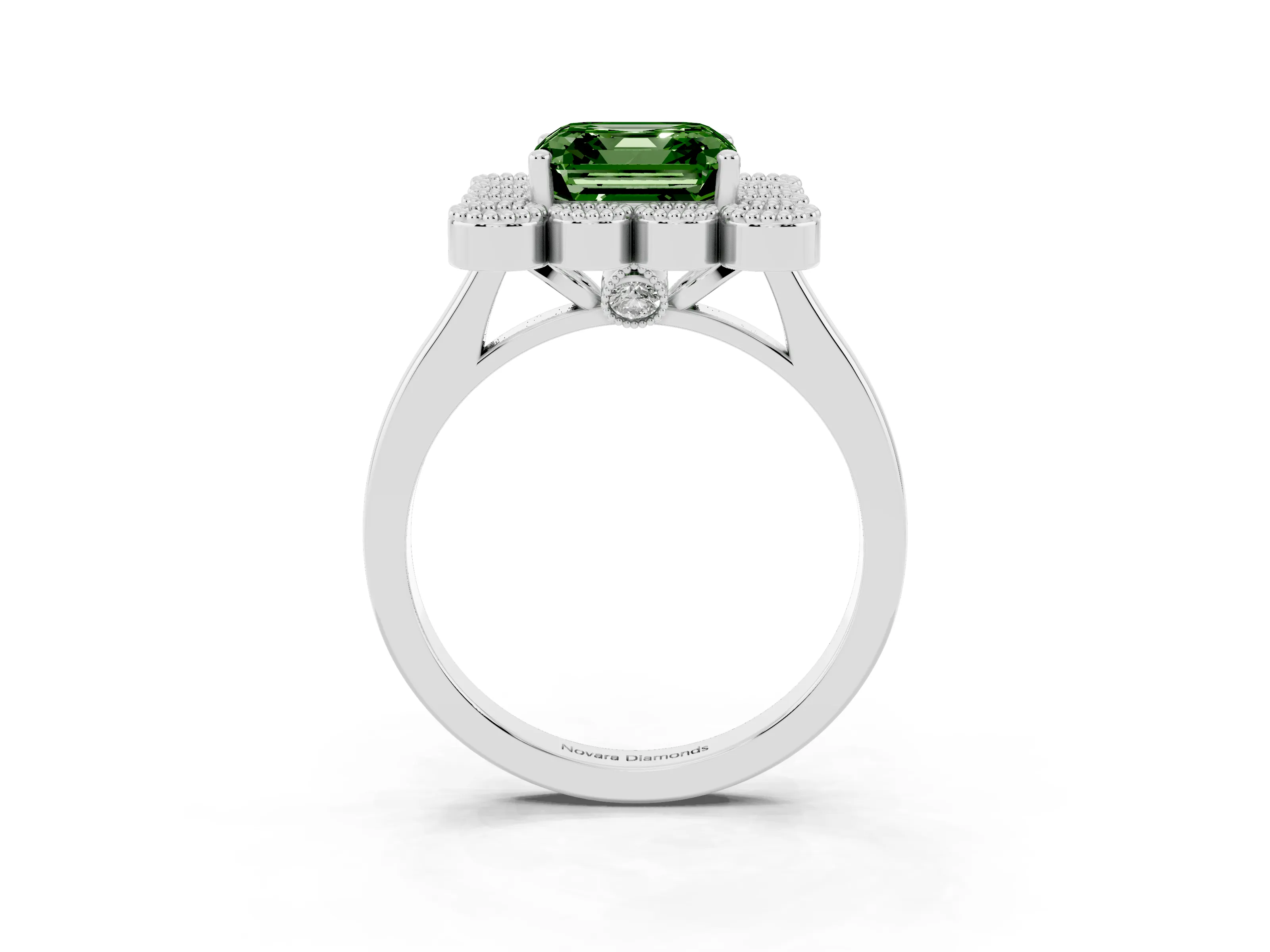 Fancy Green Asscher Cut Diamond Cluster Halo Ring Set in White gold with Milgrain Bezel Accents and Plain Band