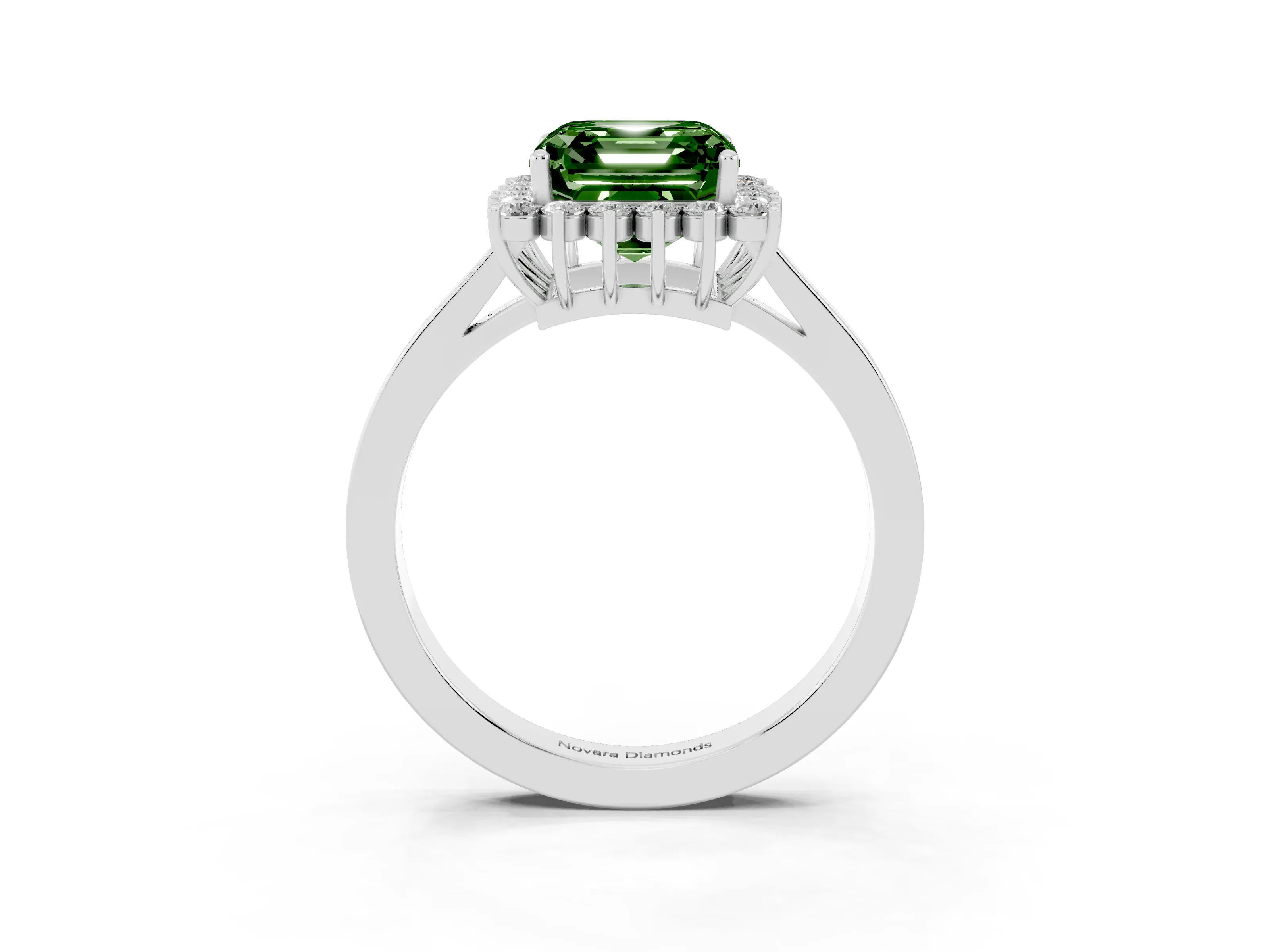 Fancy Green Asscher Cut Diamond Halo Ring Set in White gold with Round Halo and Smooth Solitaire Band