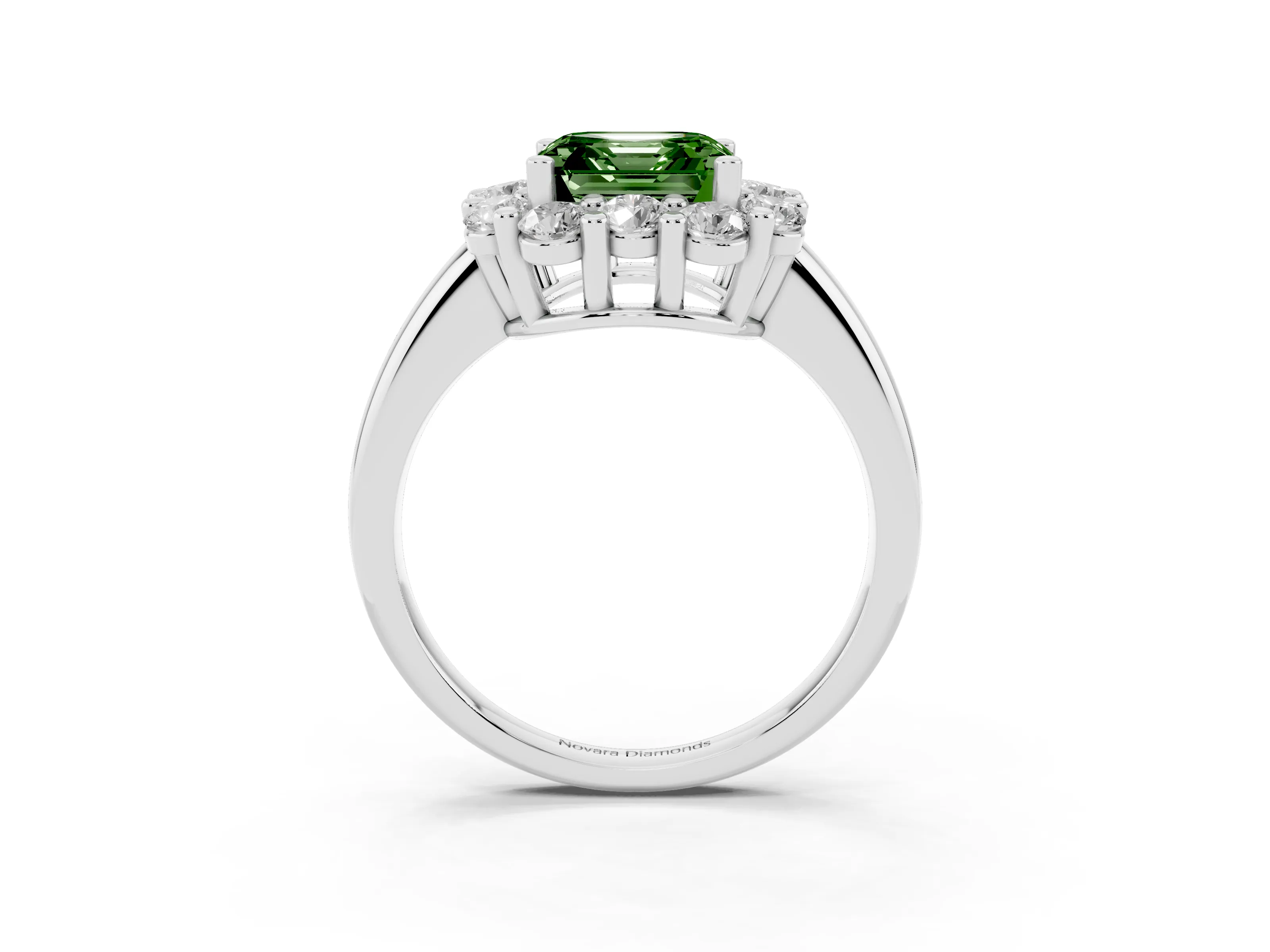 Fancy Green Asscher Cut Diamond Halo Cluster Engagement Ring Set in White gold with Polished Band and Prong Setting