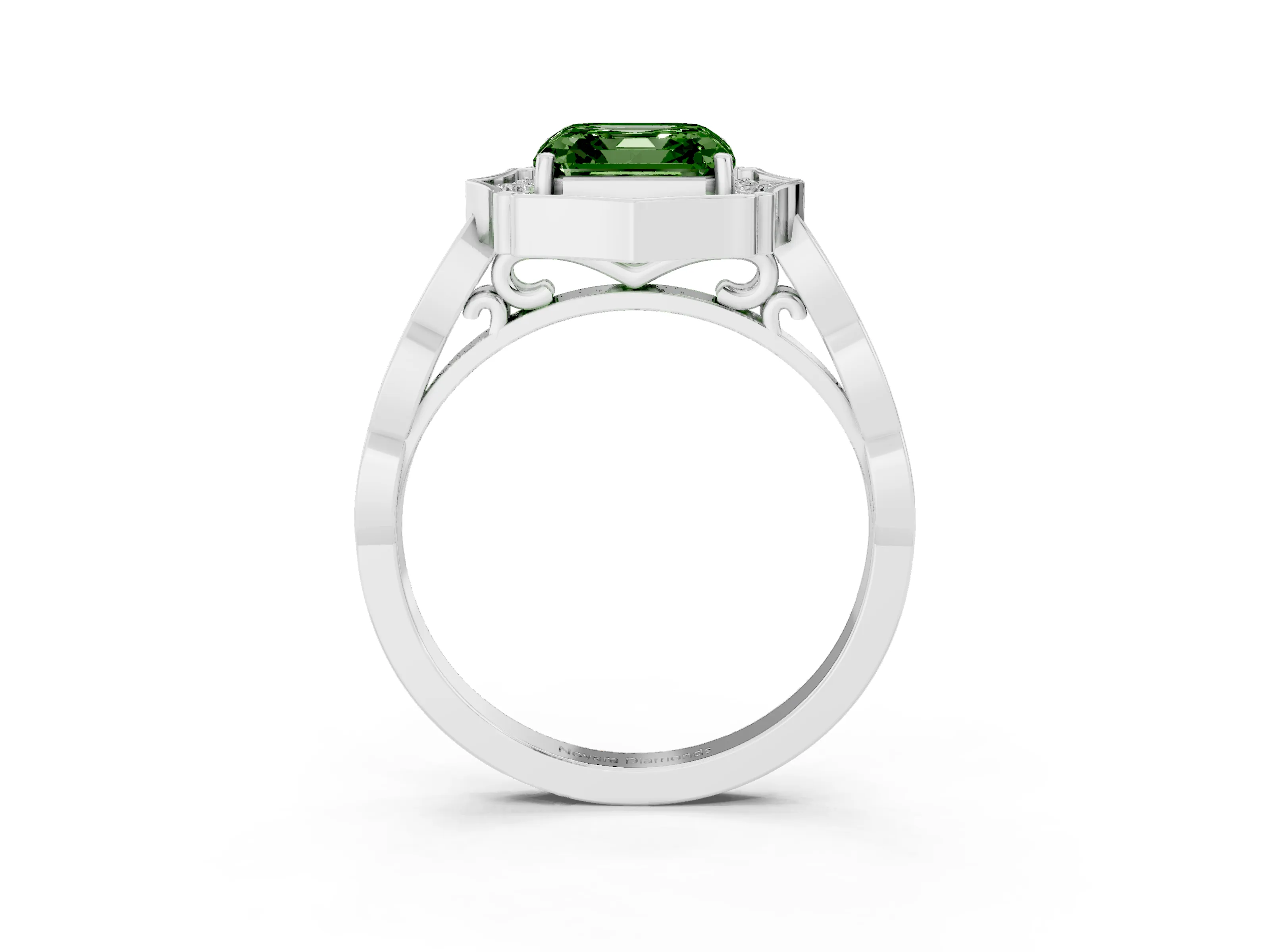 Fancy Green Asscher Cut Diamond Halo Engagement Ring Set in White gold with Milgrain Band and Prong Setting