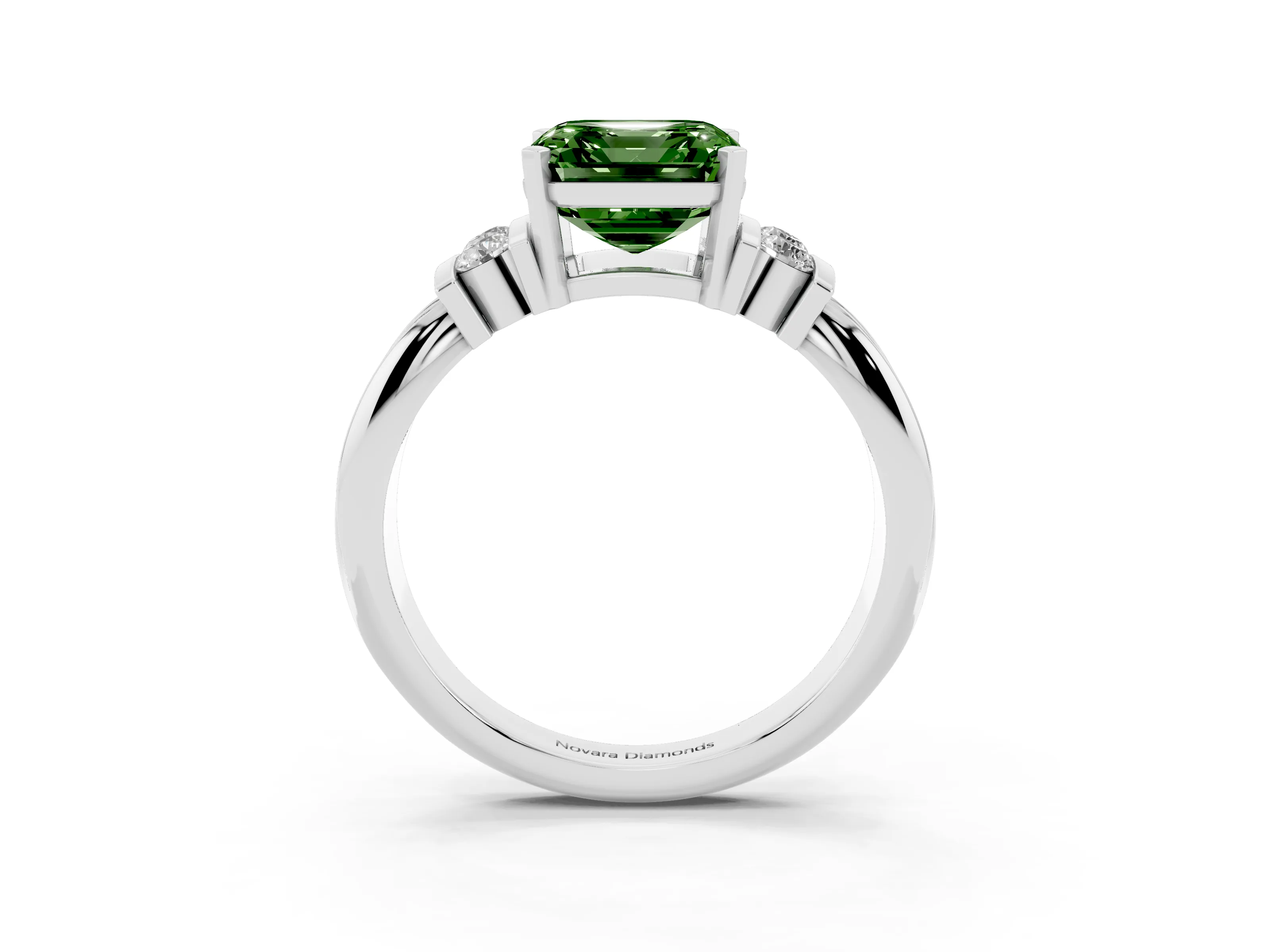 Fancy Green Three-Stone Asscher Cut Diamond Channel Set Ring Set in Silver with Bar Prongs