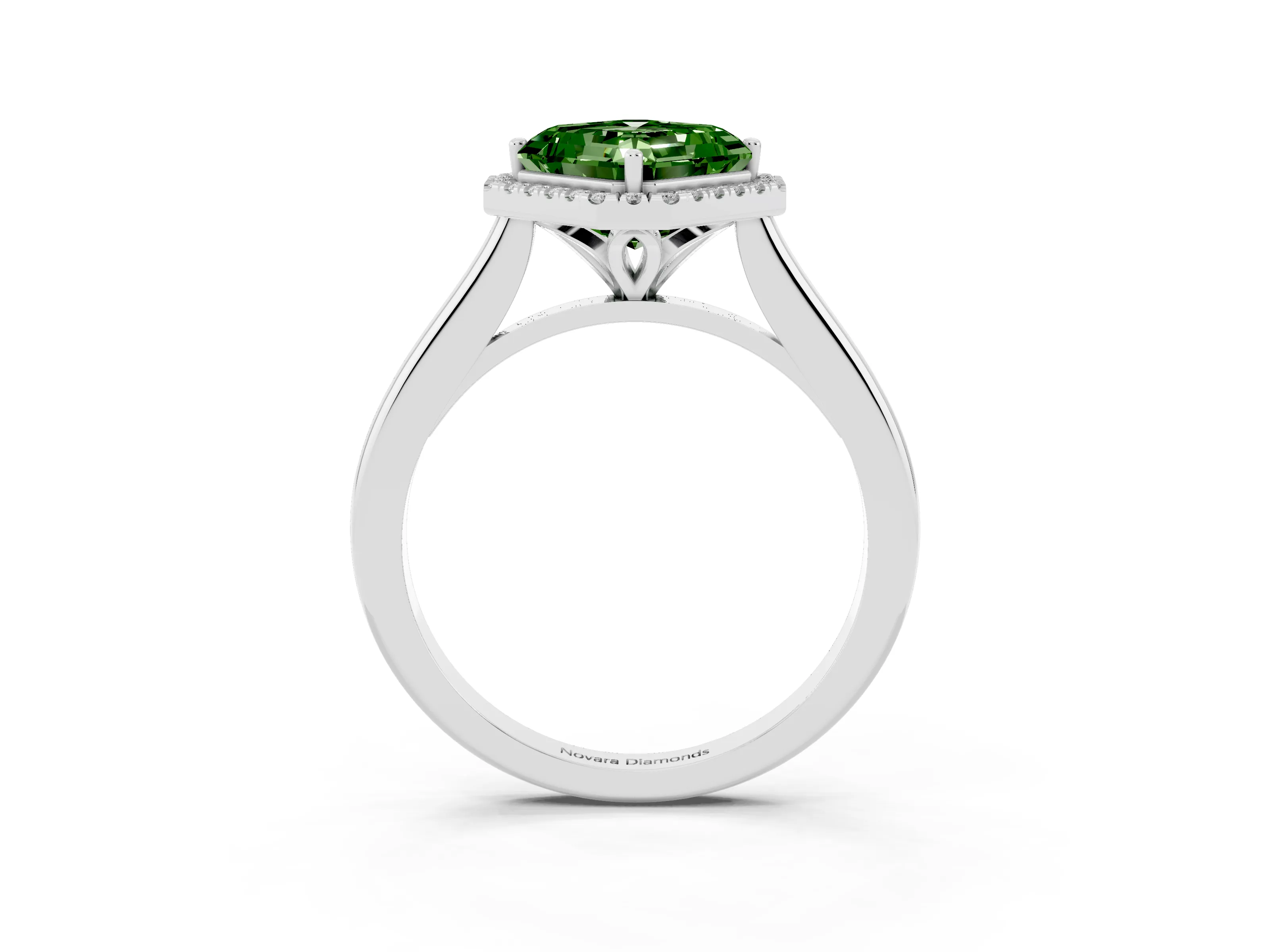 Fancy Green Asscher Cut Diamond Halo Engagement Ring Set in White gold with Pavé Band and Rising Shoulders