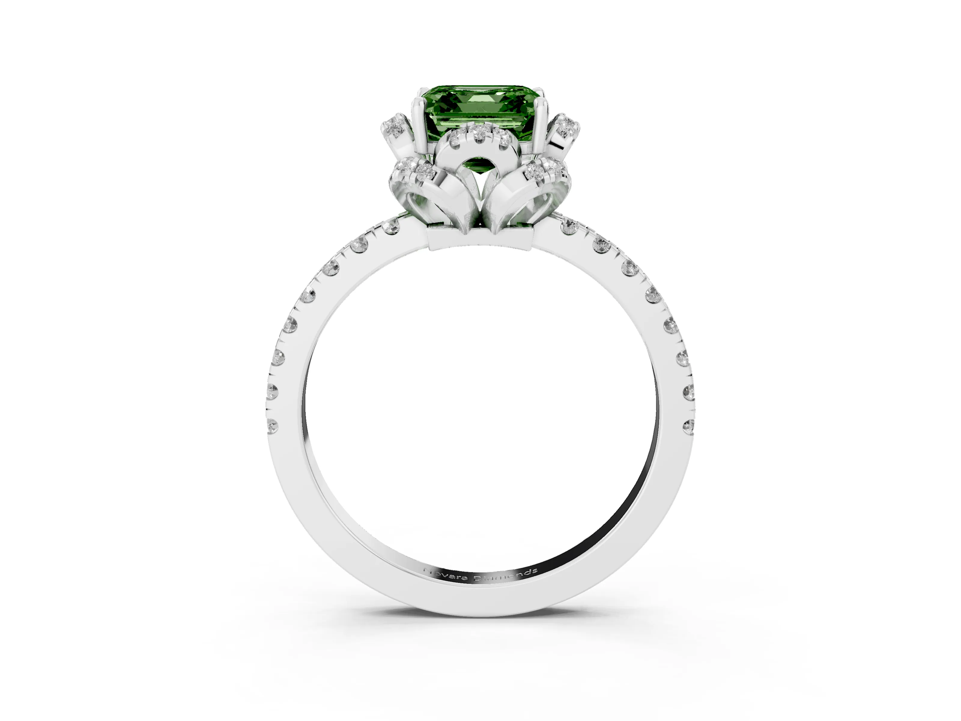 Fancy Green Asscher Cut Diamond Halo Pavé Band Ring Set in Platinum with Prong-Held Center
