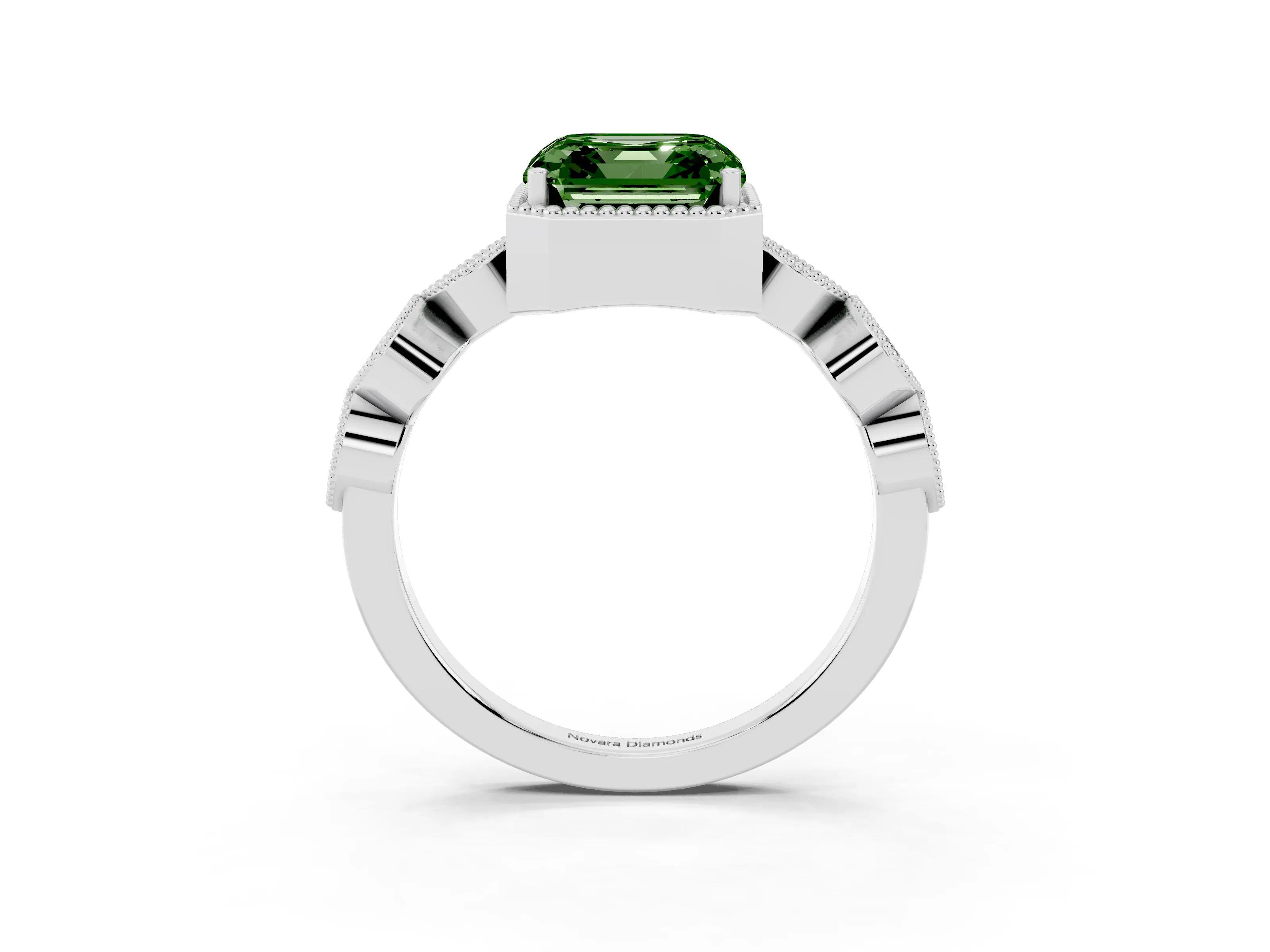 Fancy Green Asscher Cut Diamond Vintage-Inspired Milgrain Ring Set in White gold with Marquise Stations of Round Accents