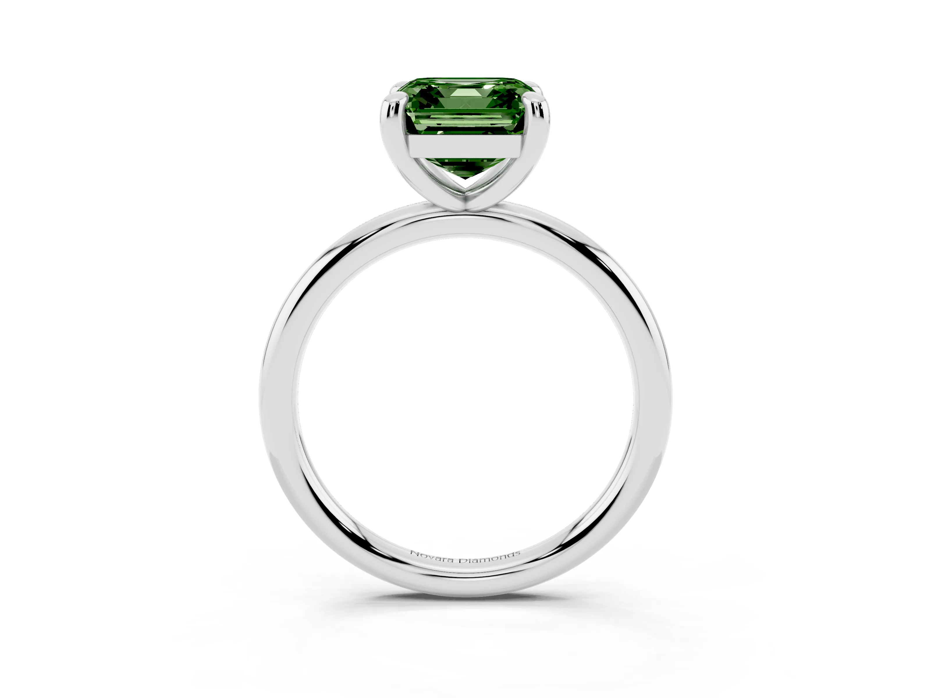 Fancy Green Asscher Cut Diamond Solitaire Ring Set in White gold with Prong Setting on a Polished Plain Band