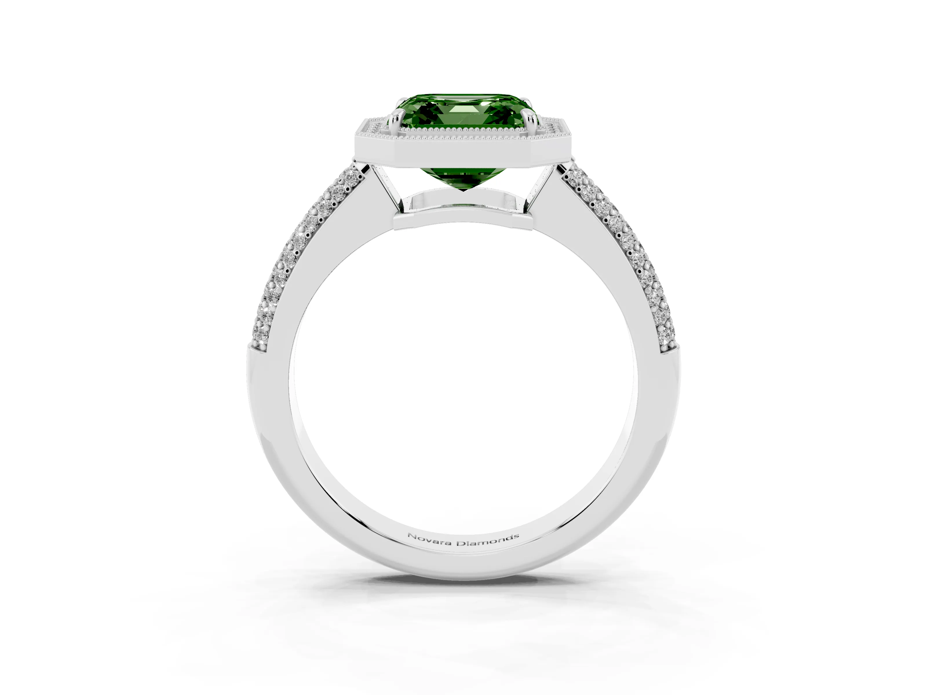 Fancy Green Asscher Cut Diamond Halo Pavé Band Set in White gold with Prong Setting