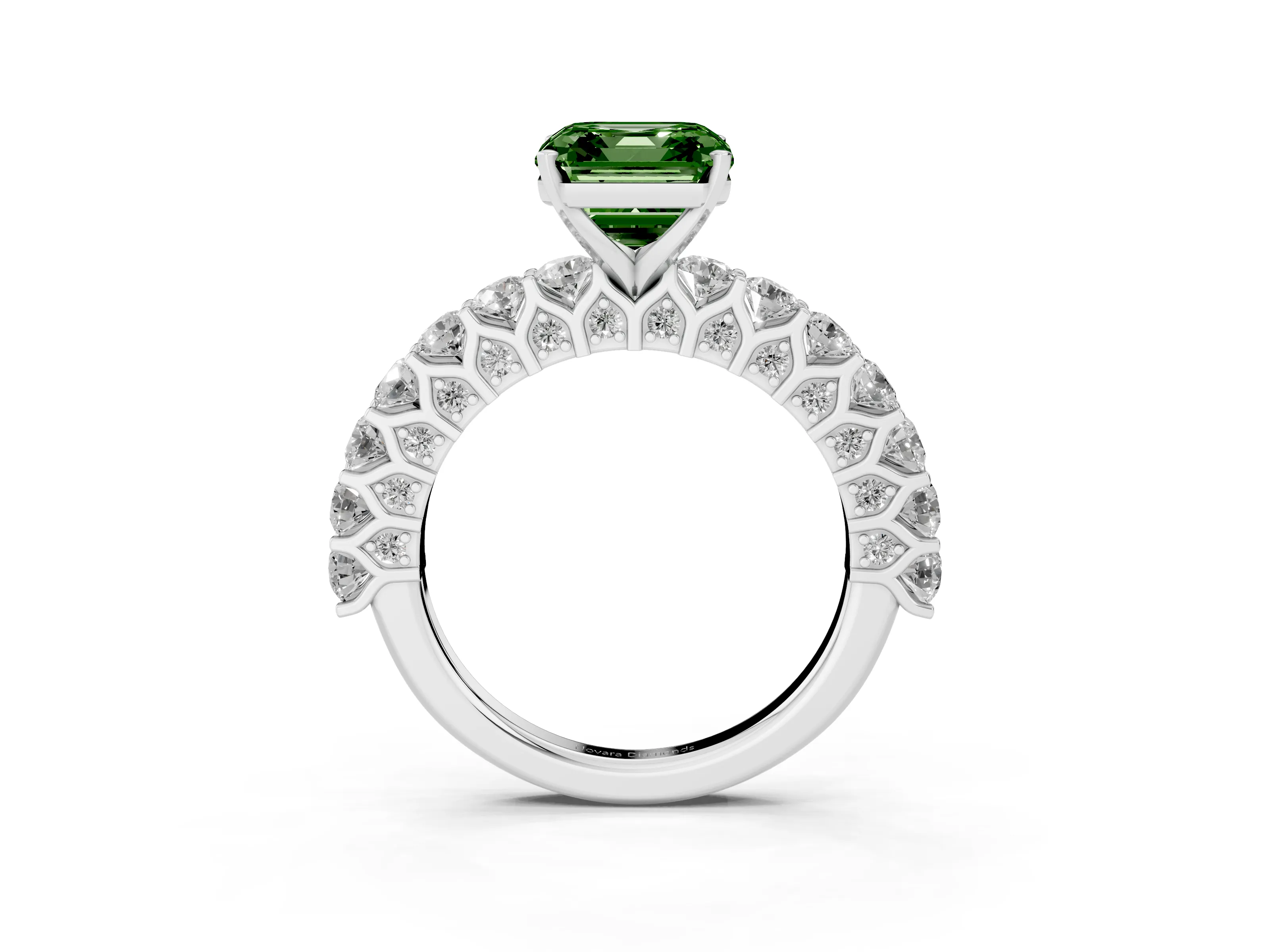 Fancy Green Asscher Cut Diamond Solitaire Ring Set in Silver with Shared Prong Pavé Band