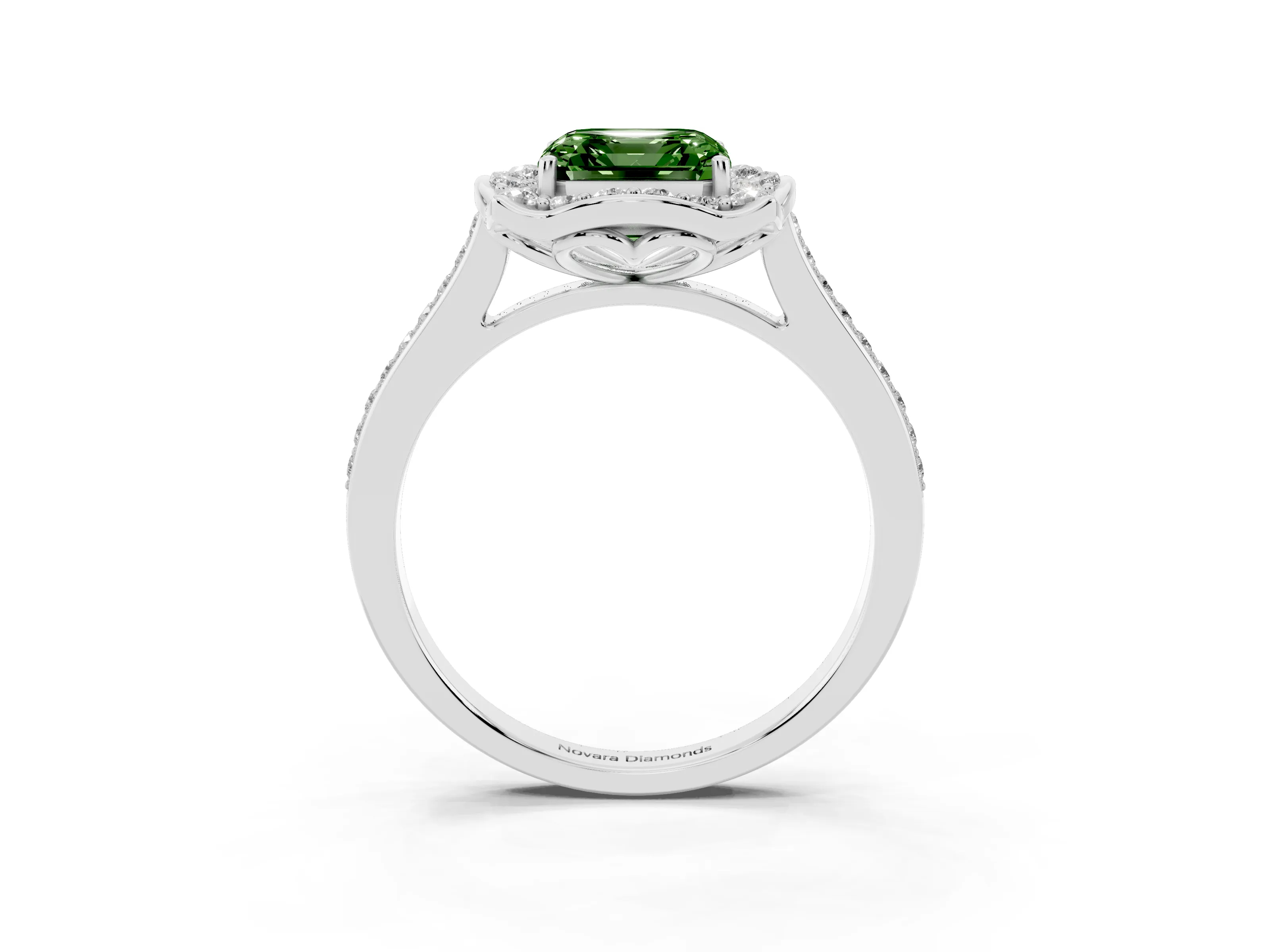 Fancy Green Asscher Cut Diamond Halo Ring Set in Silver with Pavé-Lined Shoulders and Prong Setting