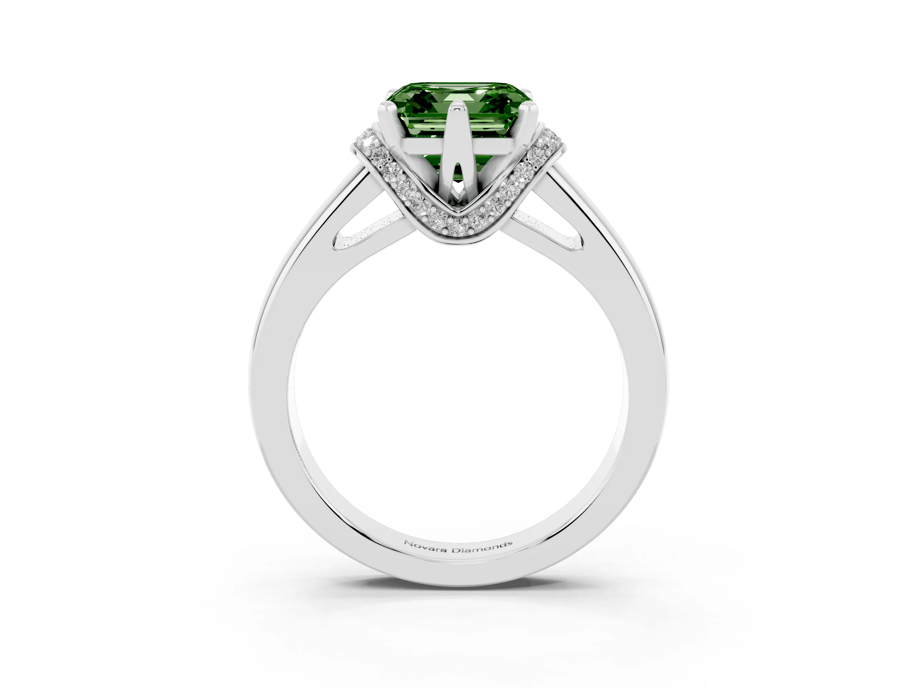 Fancy Green Asscher Cut Diamond Pavé Band Solitaire Ring Set in Silver with Prong Setting