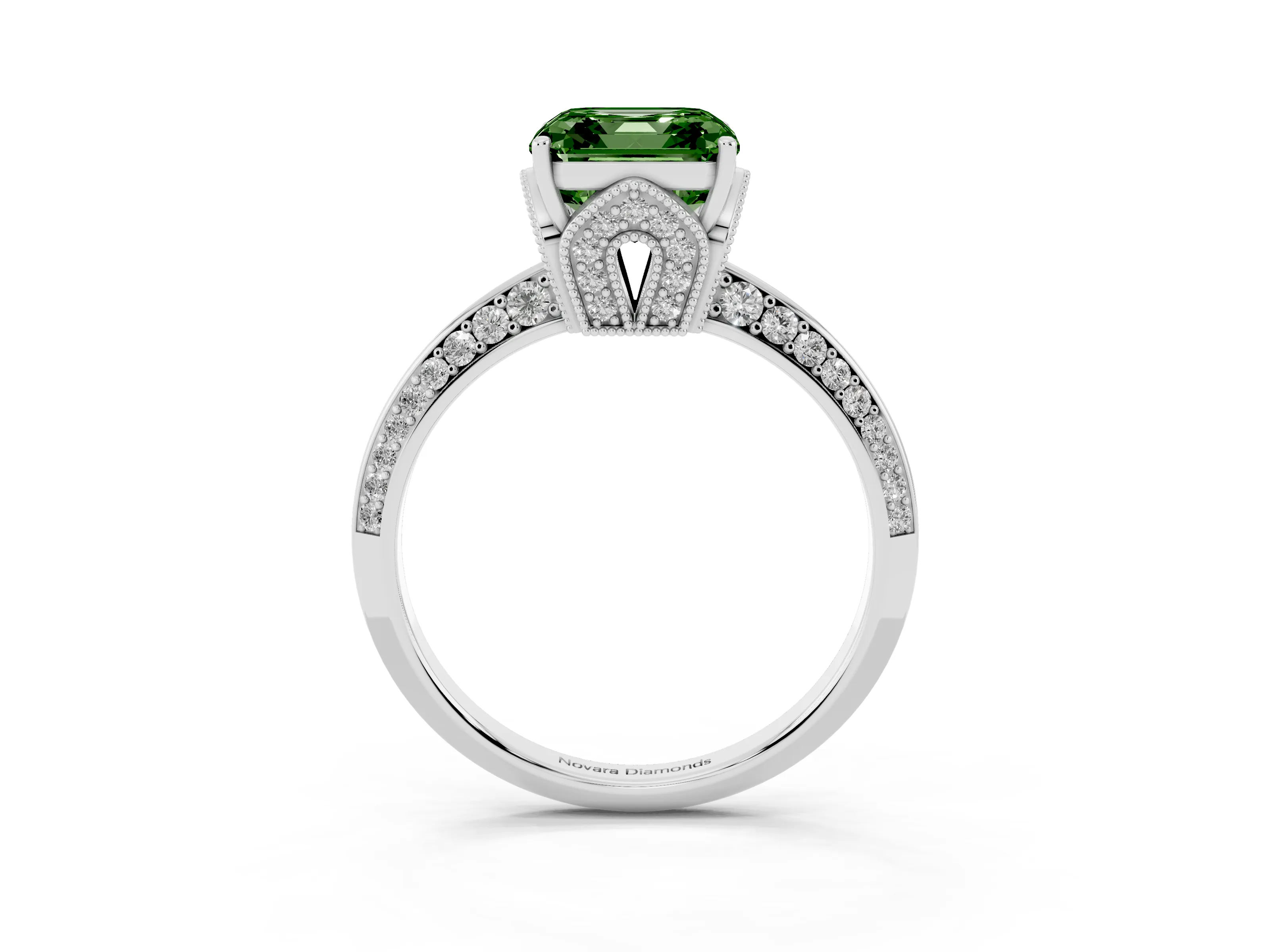 Fancy Green Asscher Cut Diamond Solitaire Engagement Ring Set in White gold with Pavé Split Shank and Prong Setting