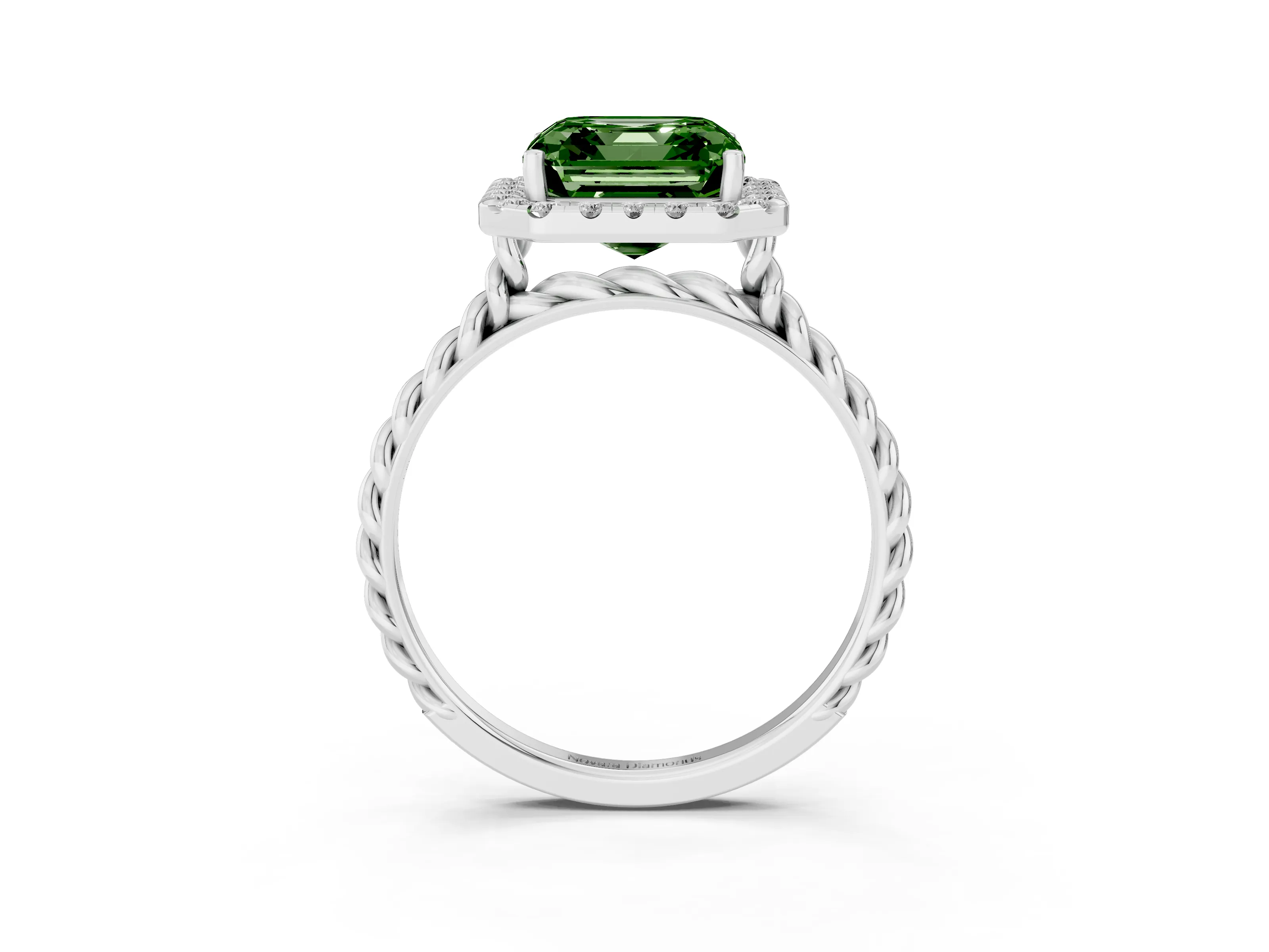Fancy Green Asscher Cut Diamond Halo Ring Set in Platinum with Plain Twisted Band