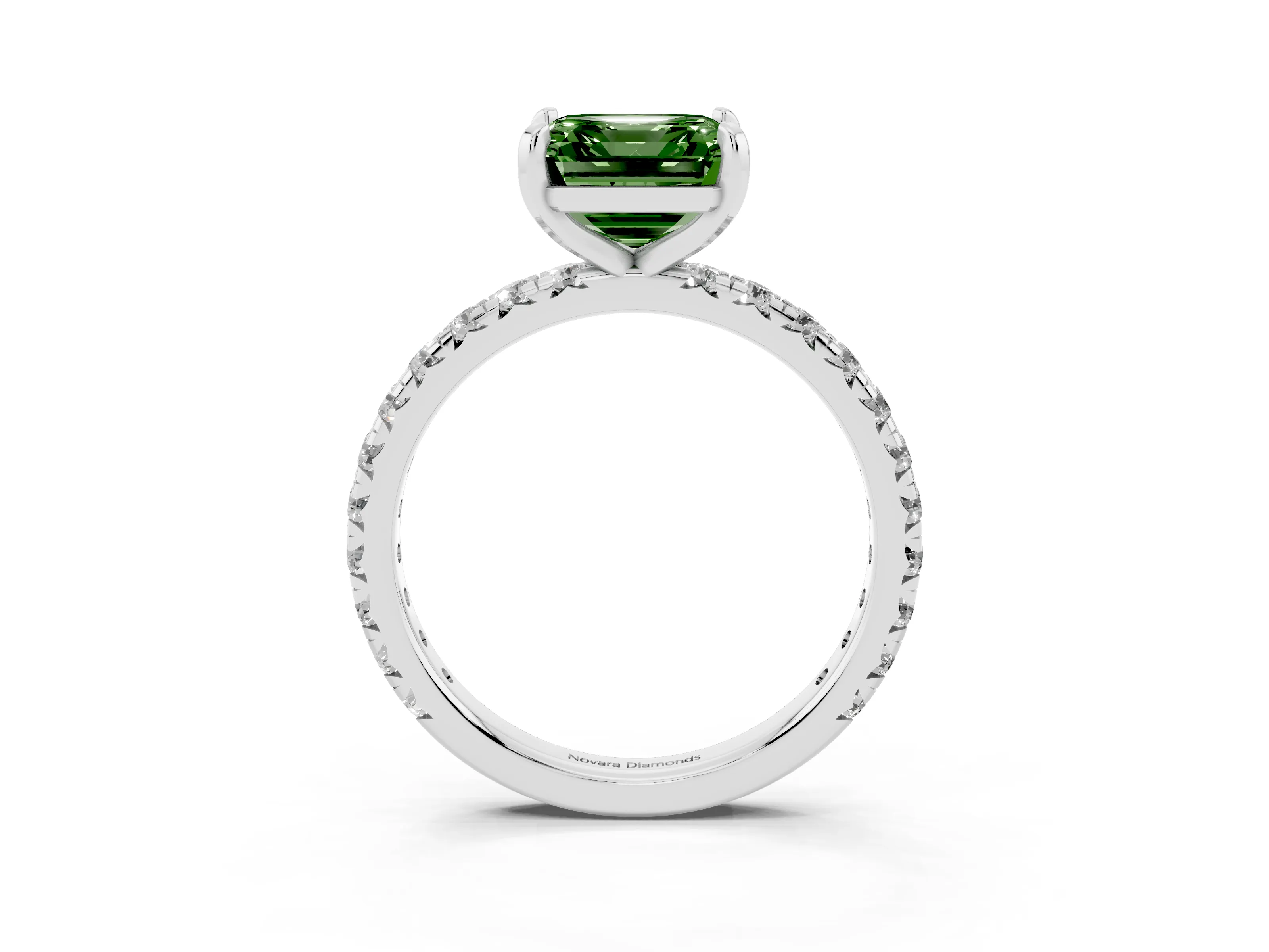 Fancy Green Asscher Cut Diamond Pavé Solitaire Ring Set in White gold with Round Band and Prong Setting