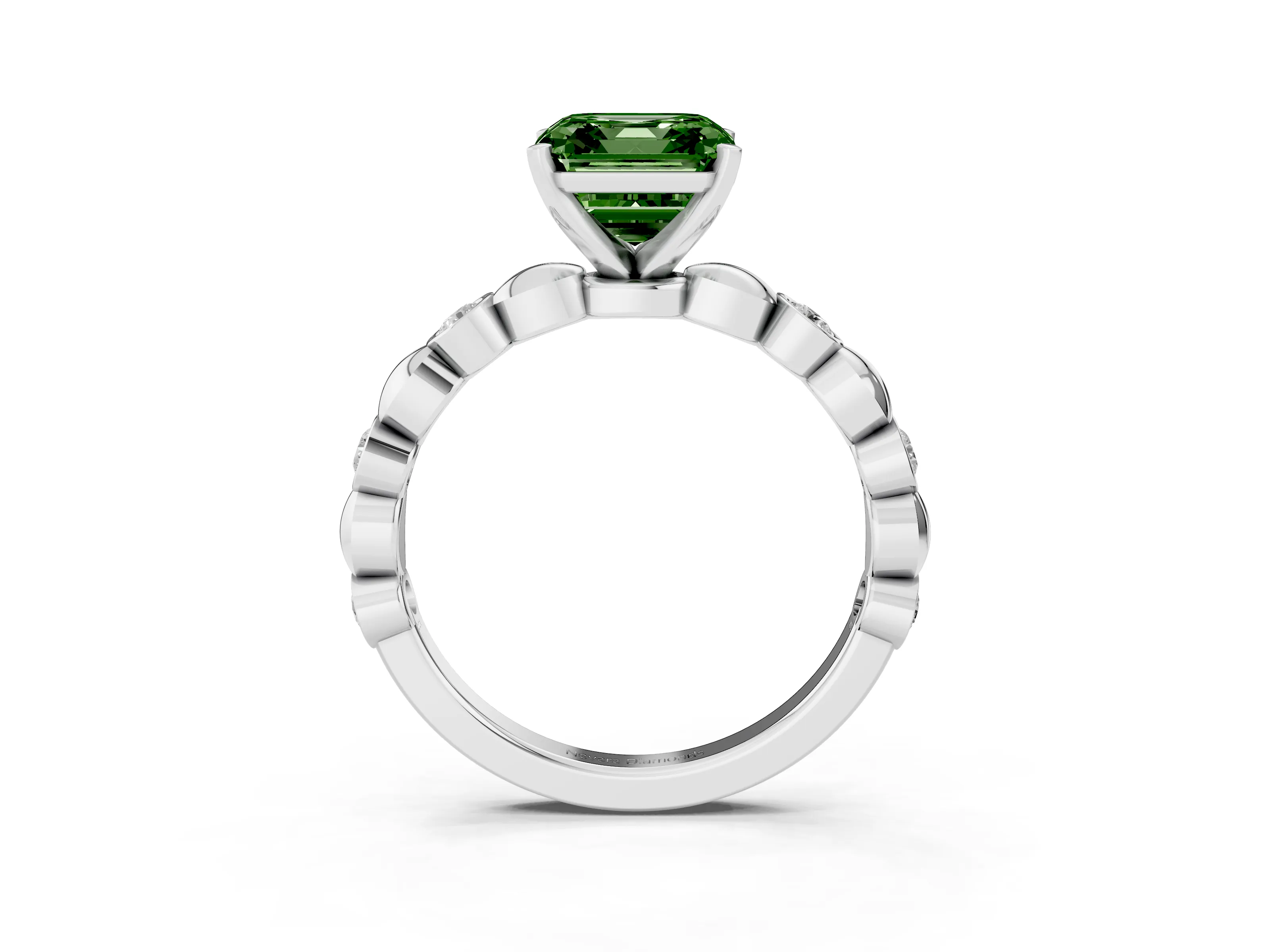 Fancy Green Asscher Cut Diamond Solitaire Ring Set in Platinum with Bezel-Set Accents on Beaded Band and Prong Setting