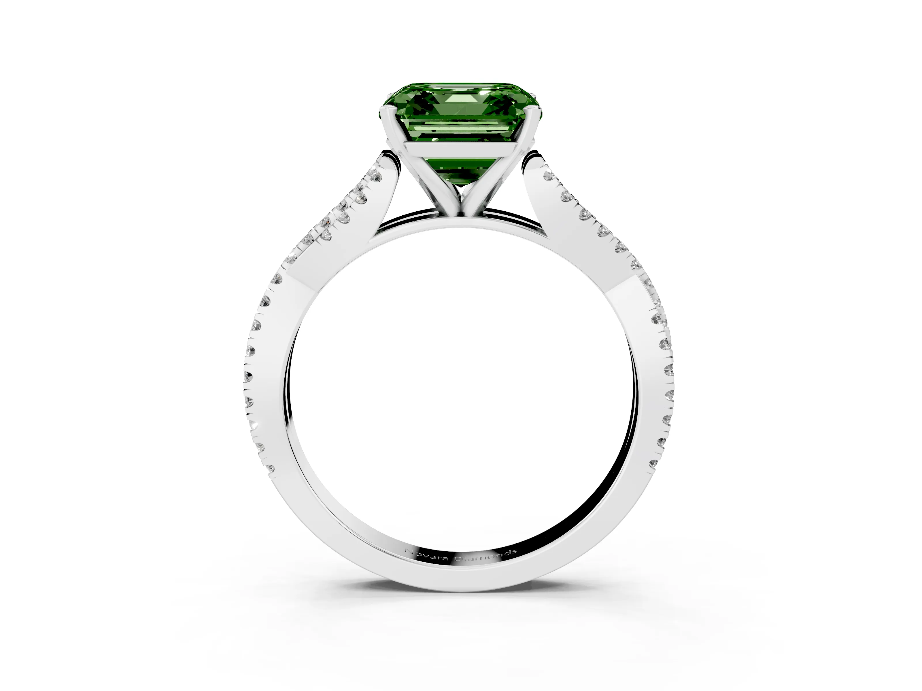 Fancy Green Asscher Cut Diamond Solitaire Engagement Ring Set in White gold with Twisted Pavé Band and Prong Setting