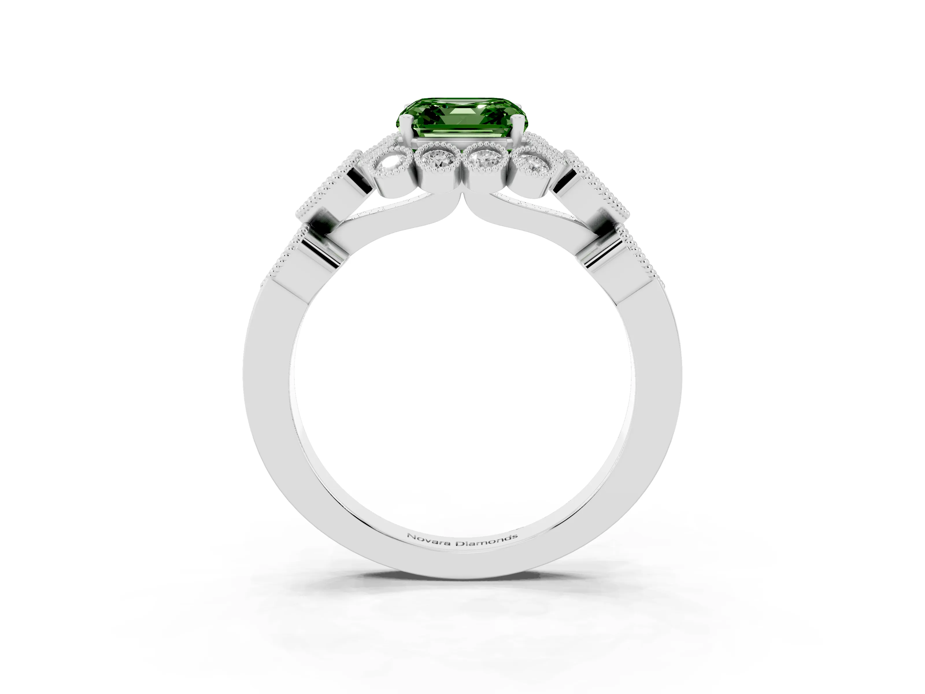Fancy Green Asscher Cut Diamond Solitaire Ring Set in Platinum with Milgrain Pavé Heart Band