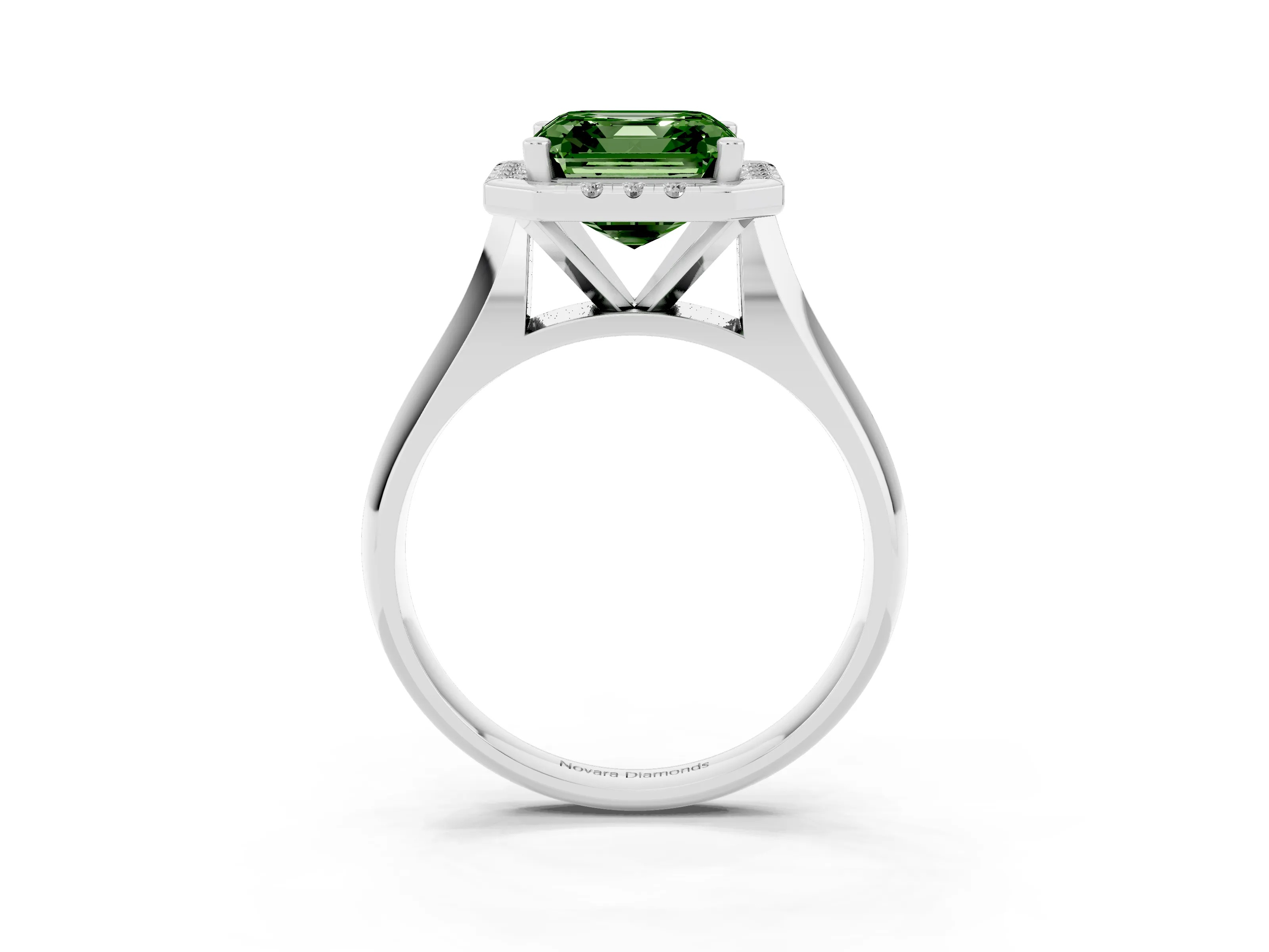 Fancy Green Asscher Cut Diamond Halo Solitaire Engagement Ring Set in Silver with Square Band and Prong Setting