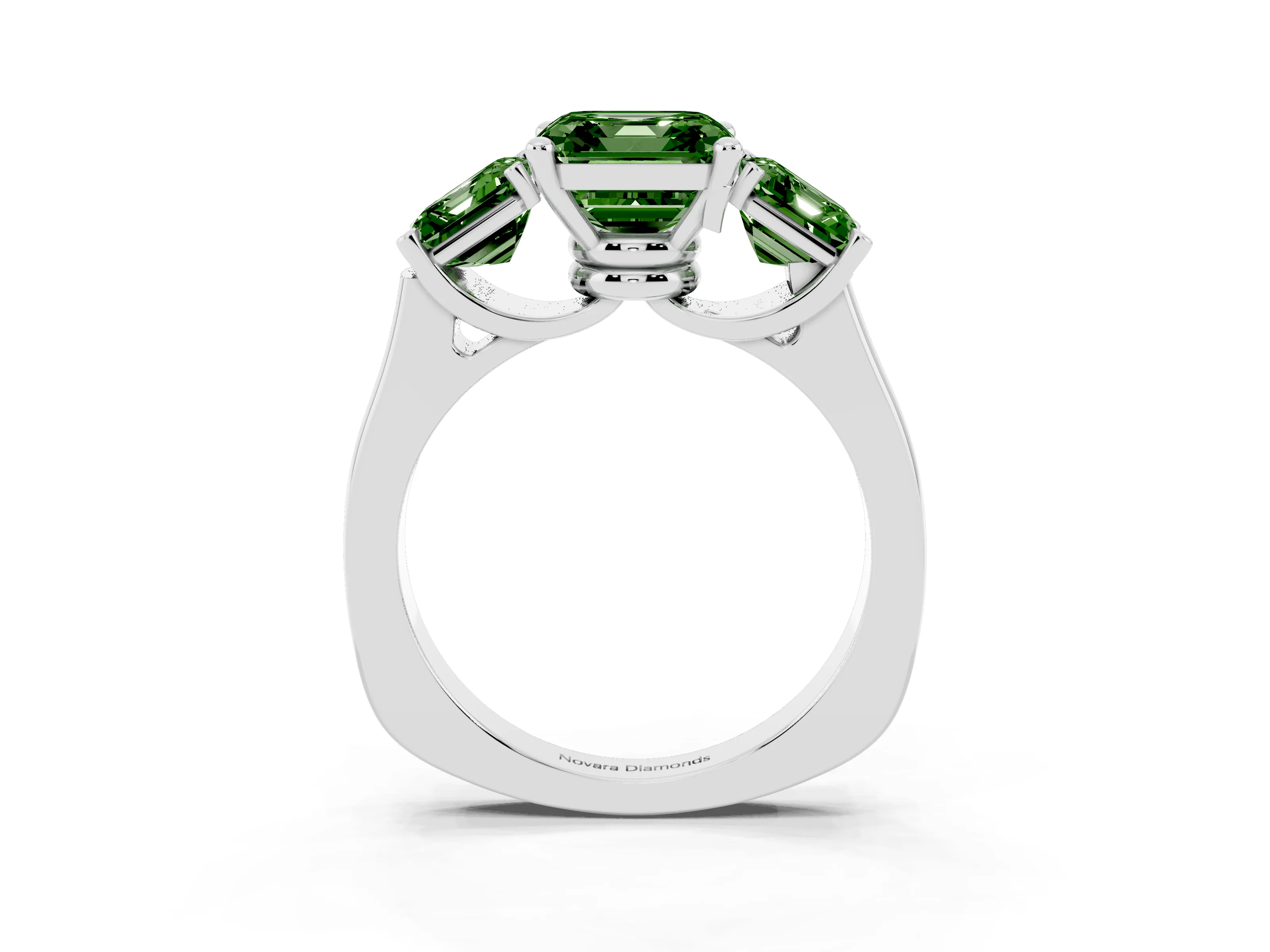 Fancy Green Asscher Cut Diamond Three-Stone Trellis Ring Set in White gold with Comfort Fit Band
