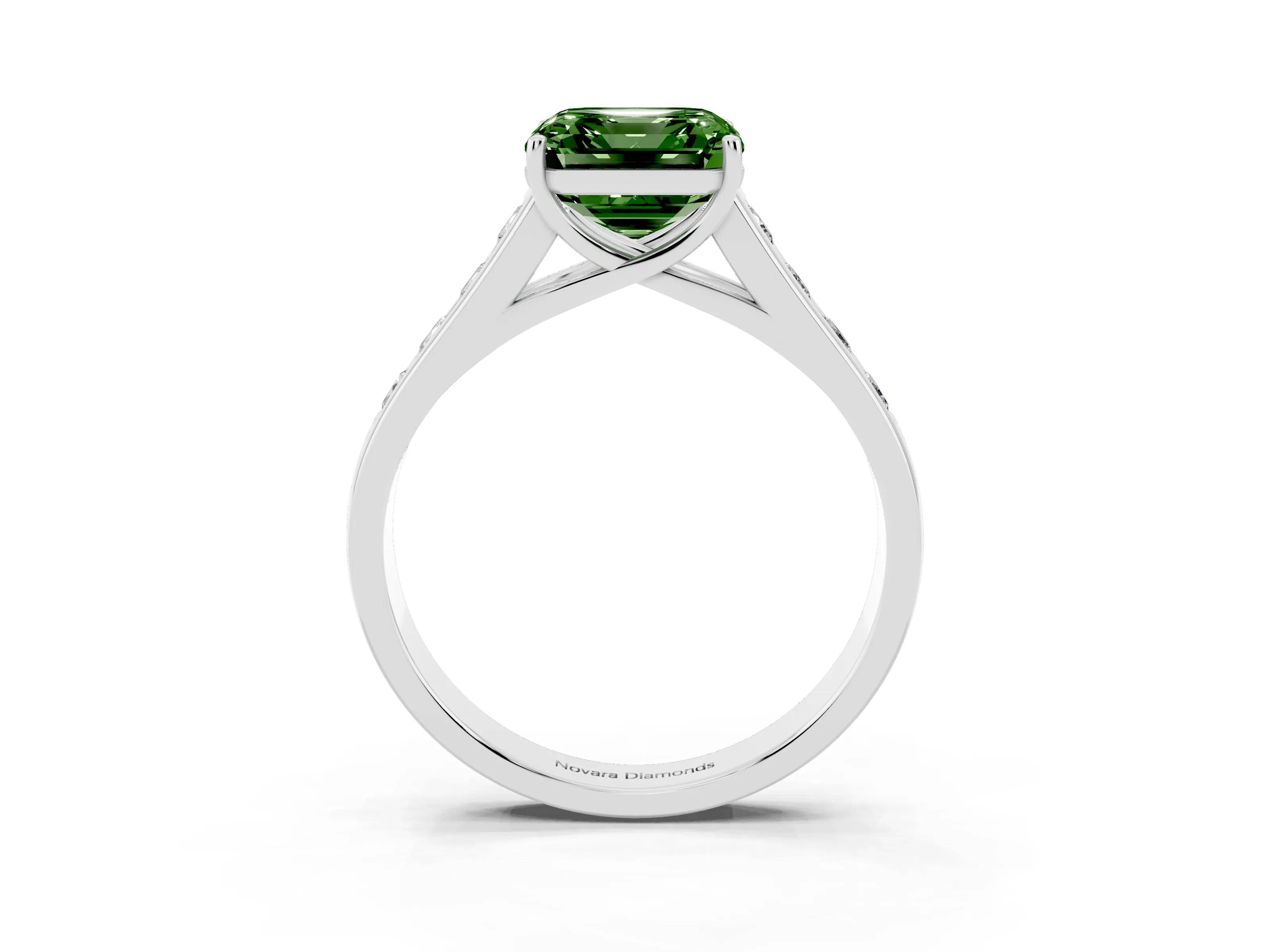 Fancy Green Asscher Cut Diamond Brilliant Channel-Set Solitaire Ring Set in White gold with Prong Setting
