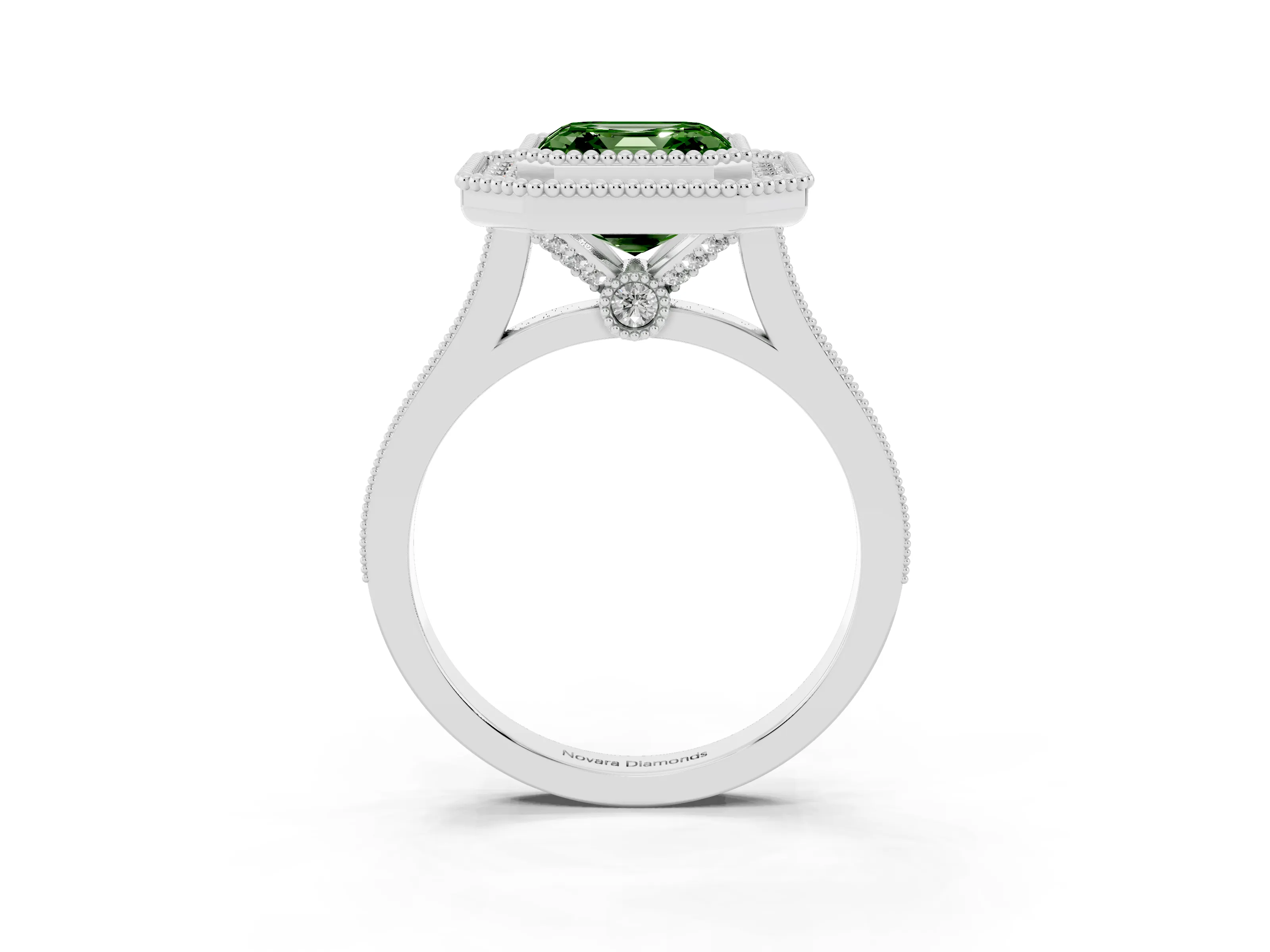 Fancy Green Asscher Cut Diamond Halo Ring Set in White gold with Milgrain Frame and Pavé Band