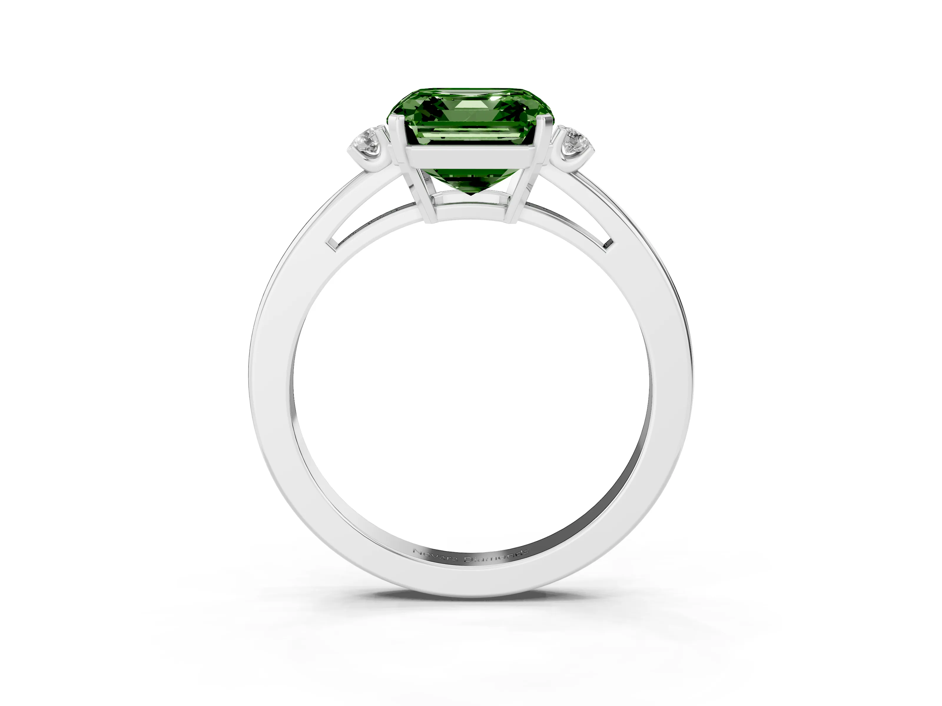 Fancy Green Three-Stone Asscher Cut Diamond Solitaire Ring Set in White gold with Round Accent Stones and Prong Setting