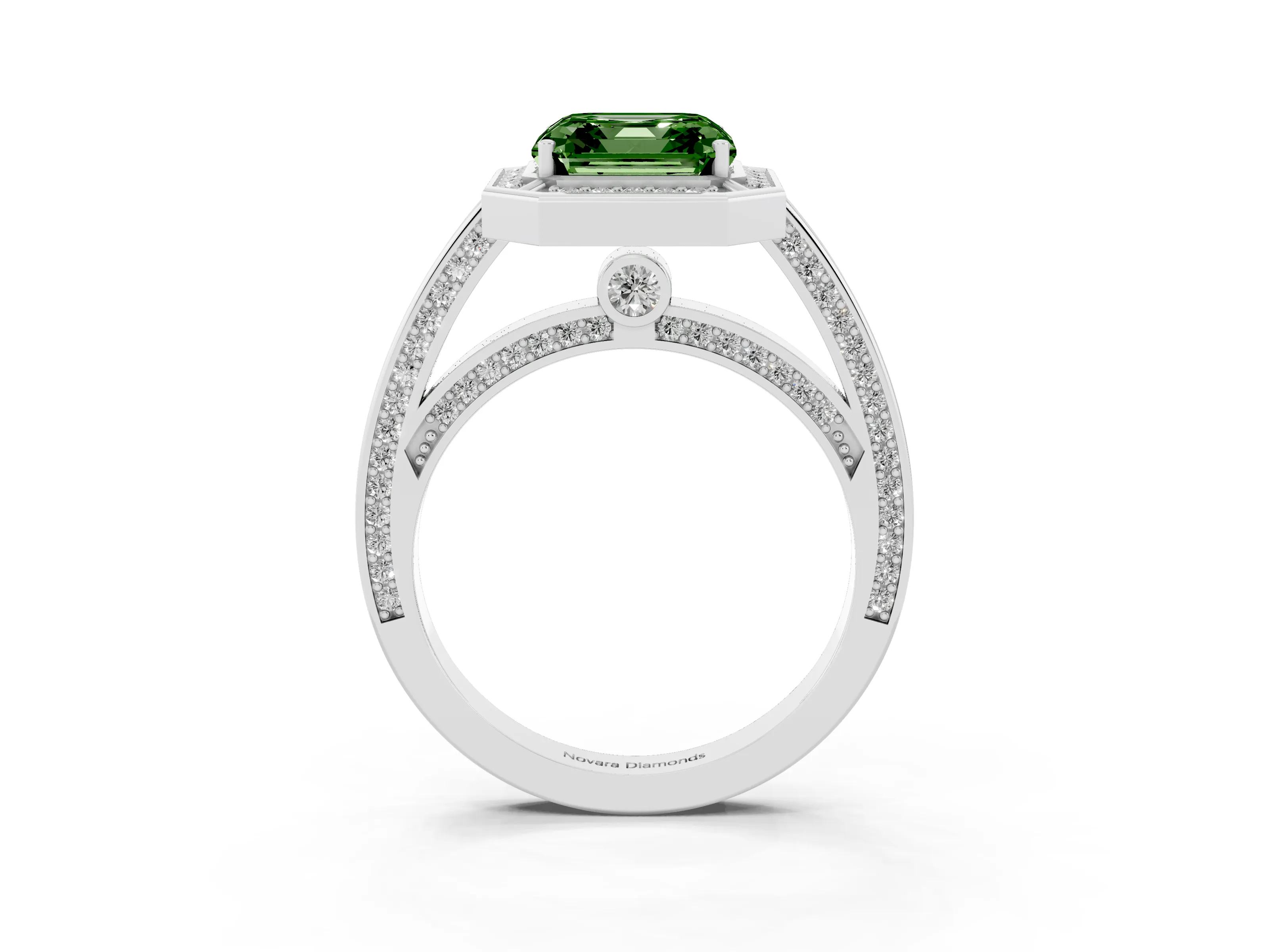 Fancy Green Asscher Cut Diamond Halo Pavé Split Shank Ring Set in White gold with Prong Setting