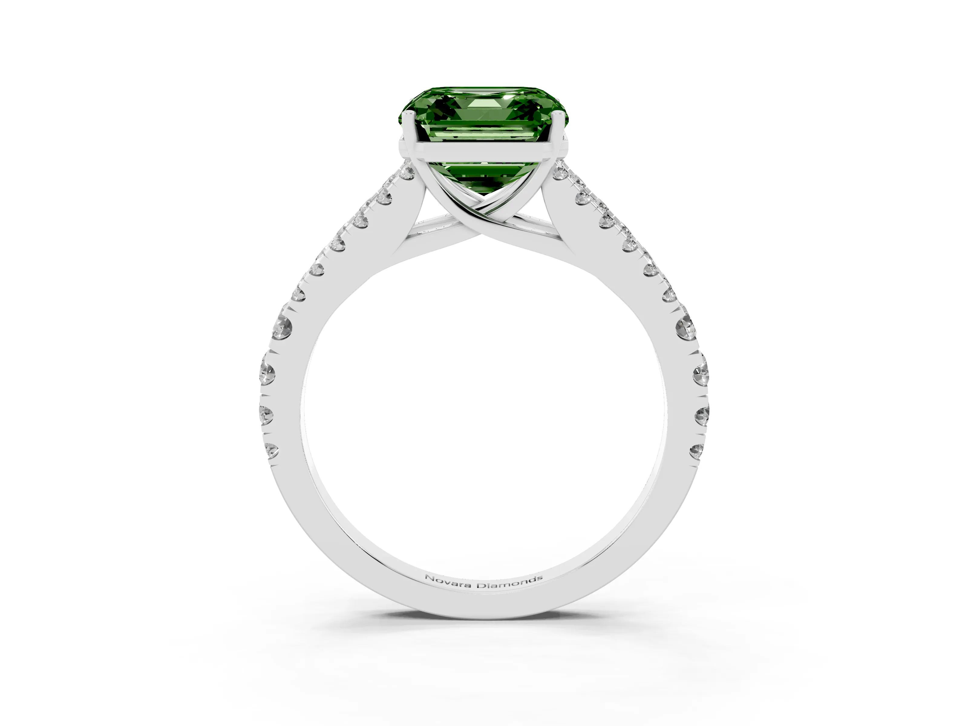 Fancy Green Asscher Cut Diamond Split Shank Pavé Engagement Ring Set in Silver with Prong-Held Center Stone