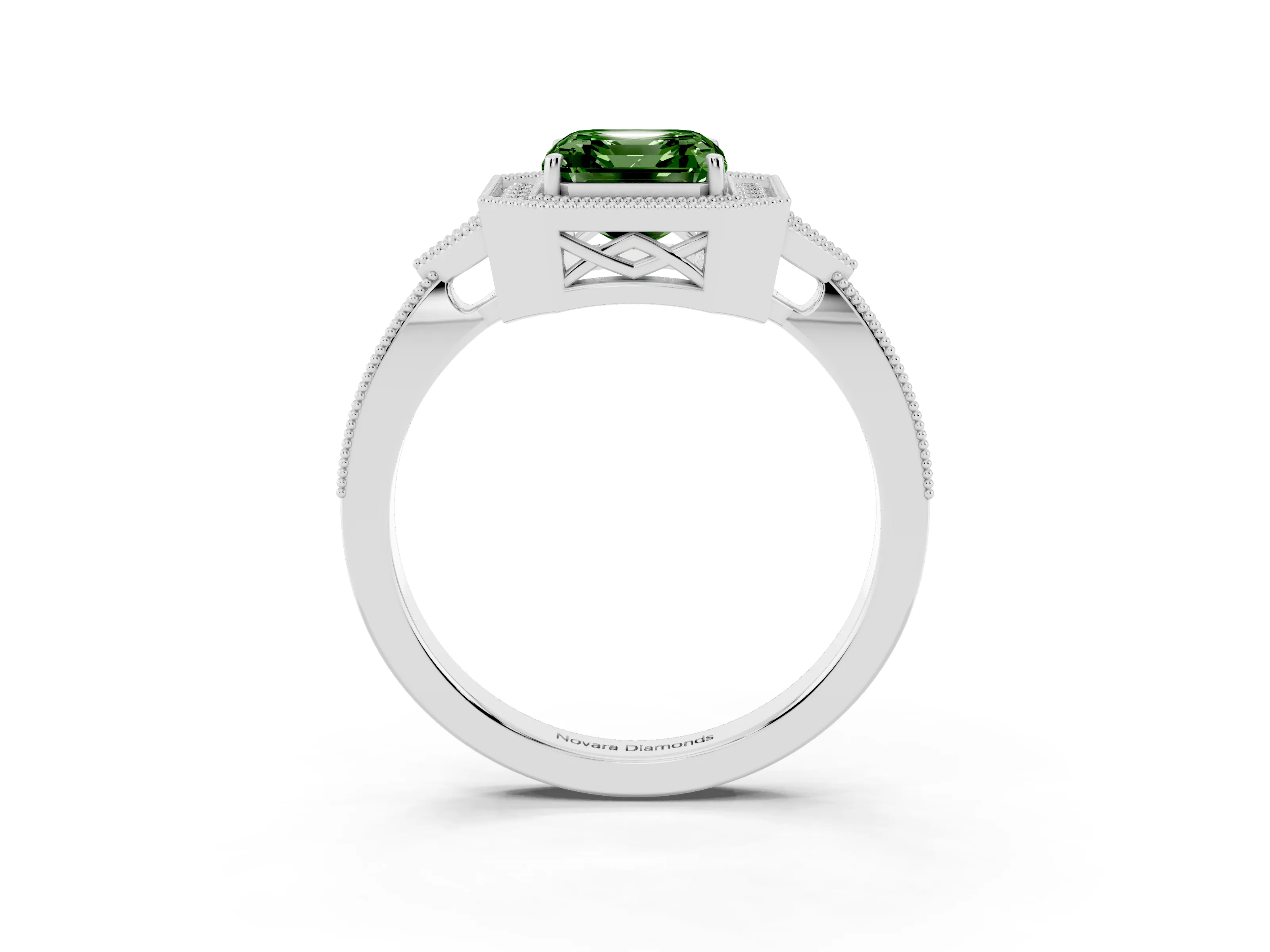Fancy Green Asscher Cut Diamond Halo Engagement Ring Set in White gold with Milgrain Pavé Band