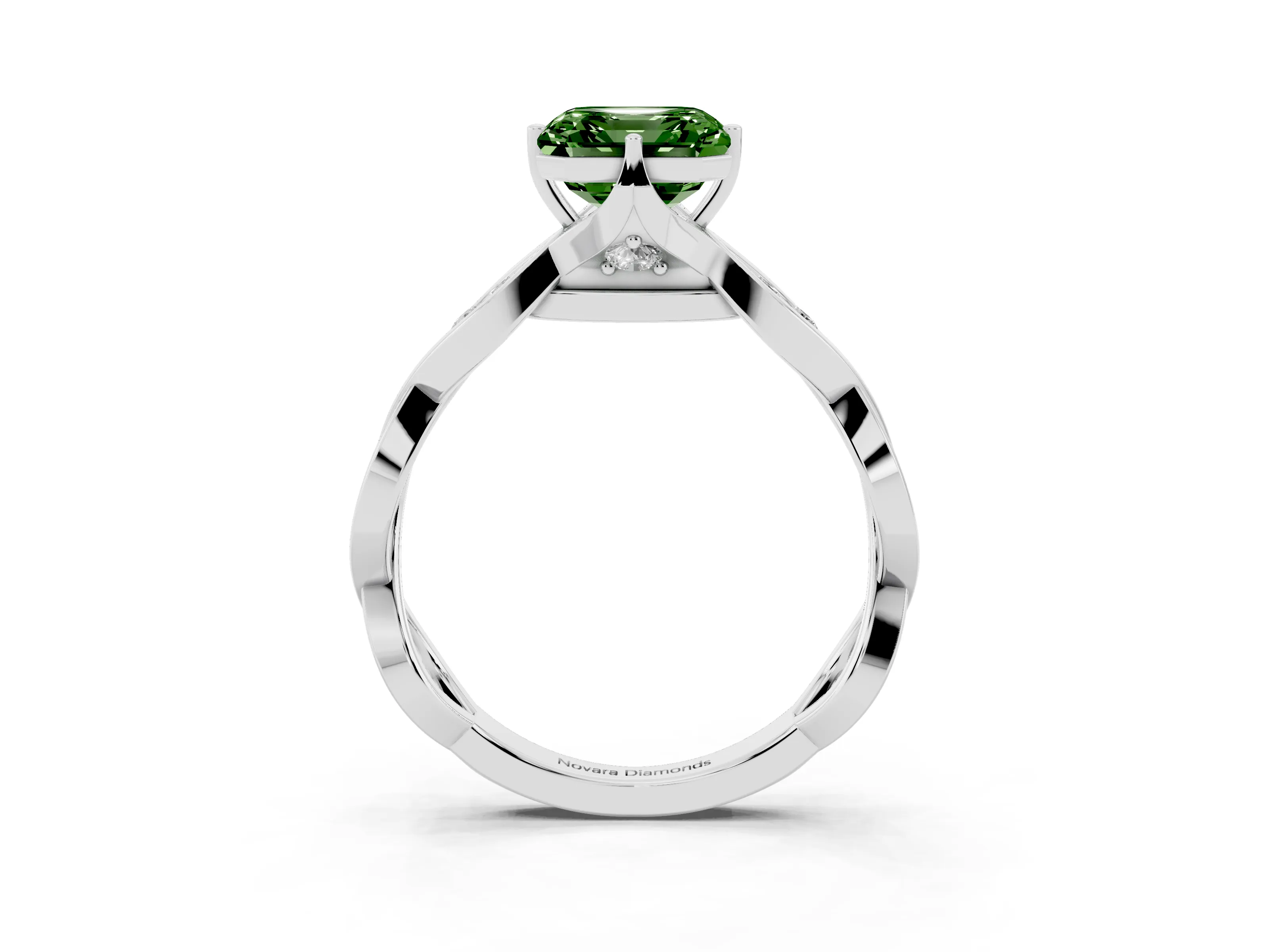 Fancy Green Asscher Cut Diamond Twist Band Solitaire Ring Set in Platinum with Leaf Prong Setting and Accent Stones