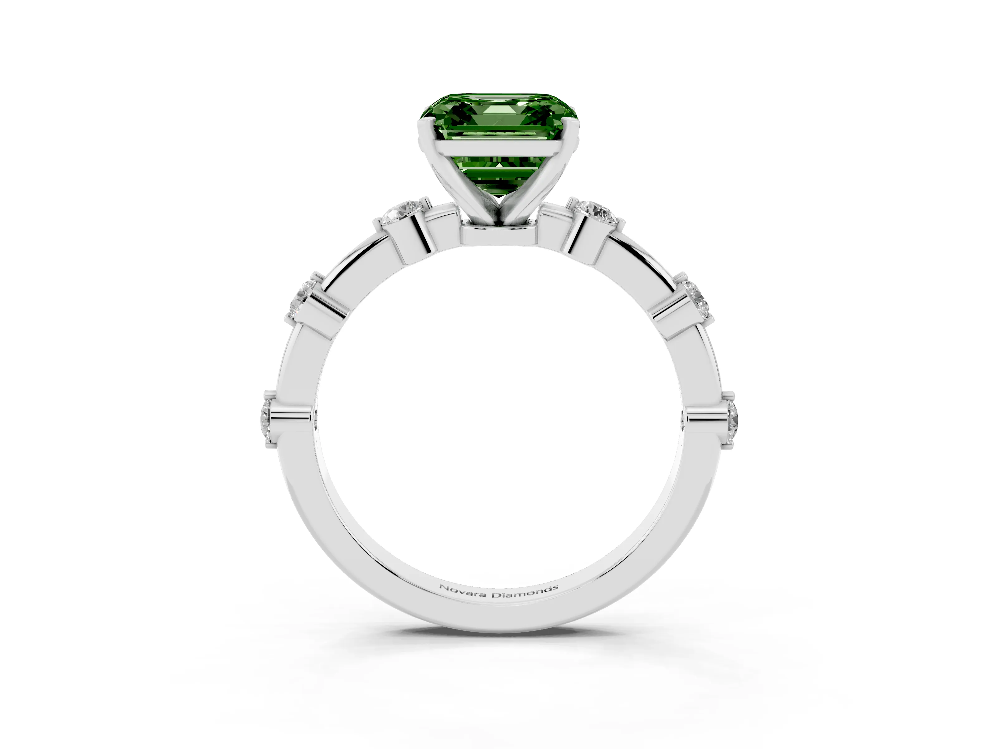 Fancy Green Asscher Cut Diamond Solitaire Ring Set in Platinum with Bezel Set Side Stones and Prong Setting