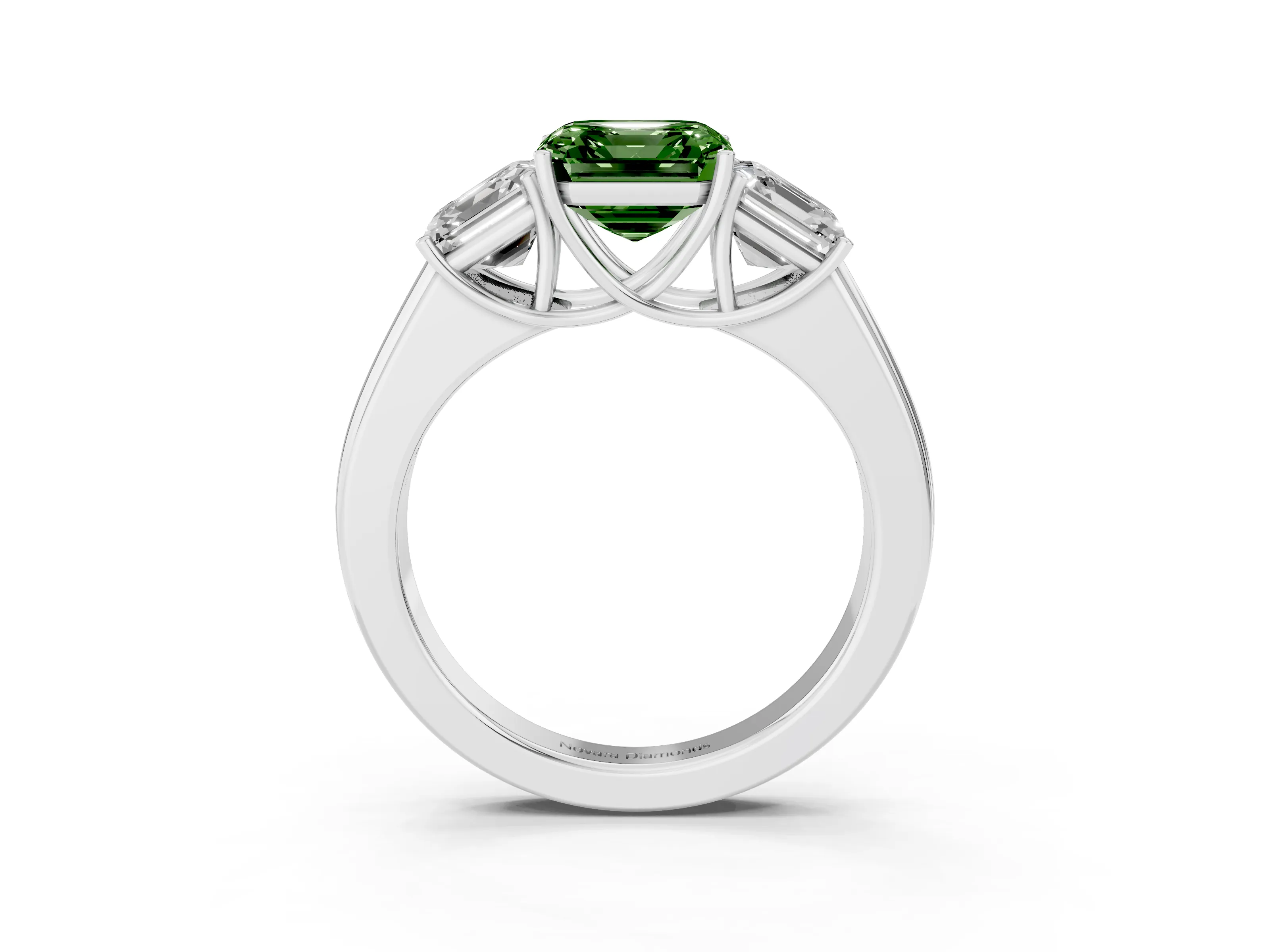 Fancy Green Three-Stone Asscher Cut Diamond Ring Set in White gold with Matching Prong Settings and Plain Band