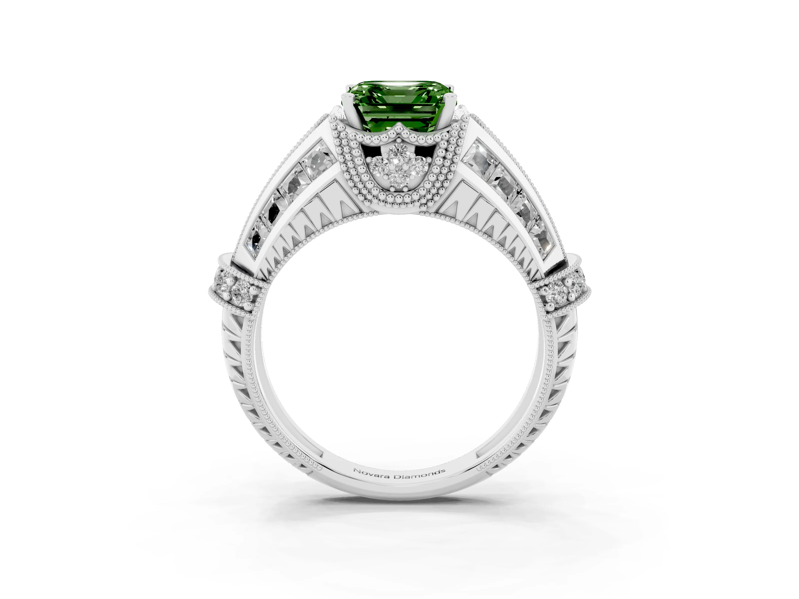 Fancy Green Asscher Cut Diamond Vintage-Inspired Milgrain Ring Set in Platinum with Accent Split Shank