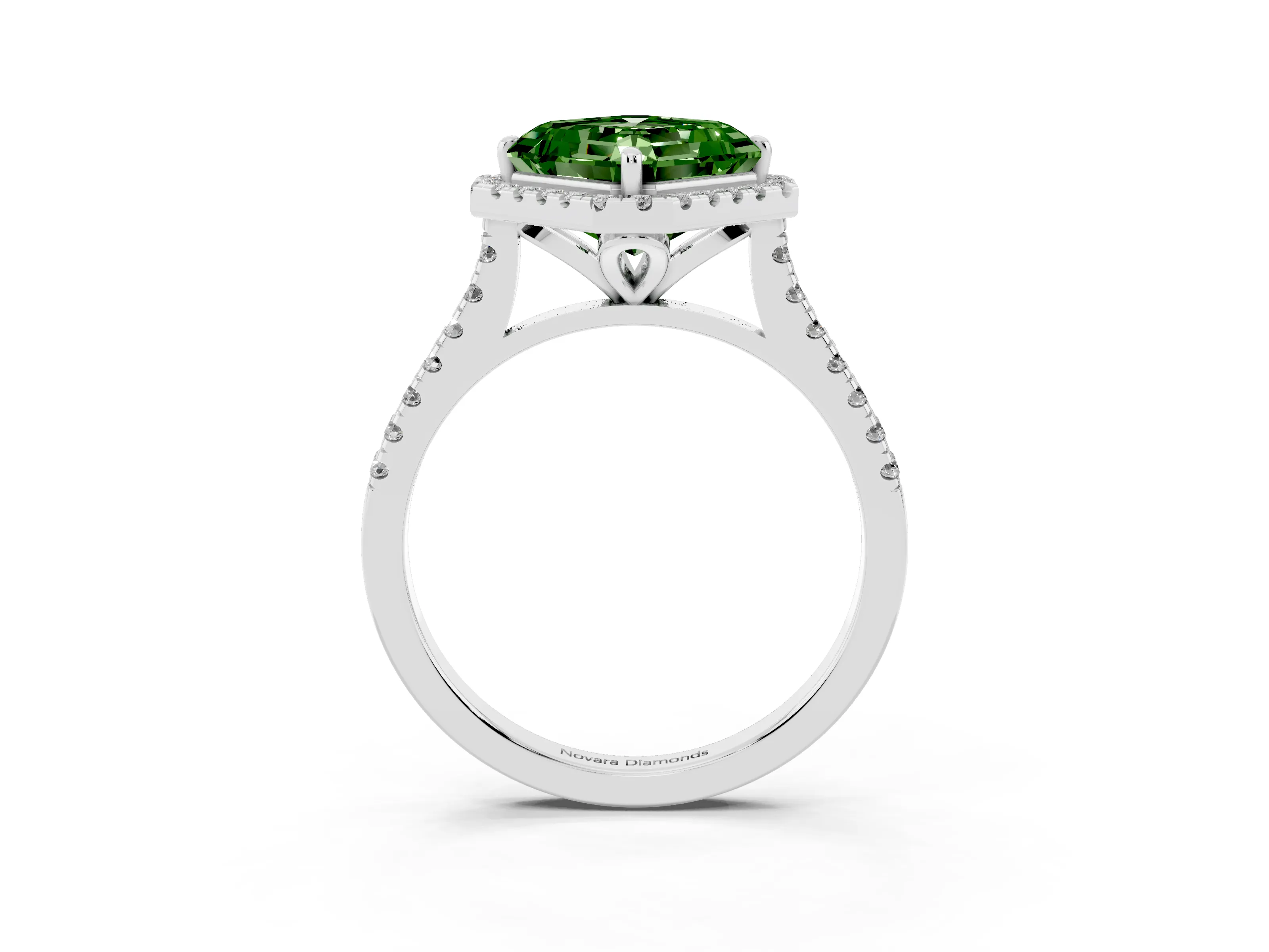 Fancy Green Asscher Cut Diamond Cushion Halo Ring Set in Silver with Pavé Band