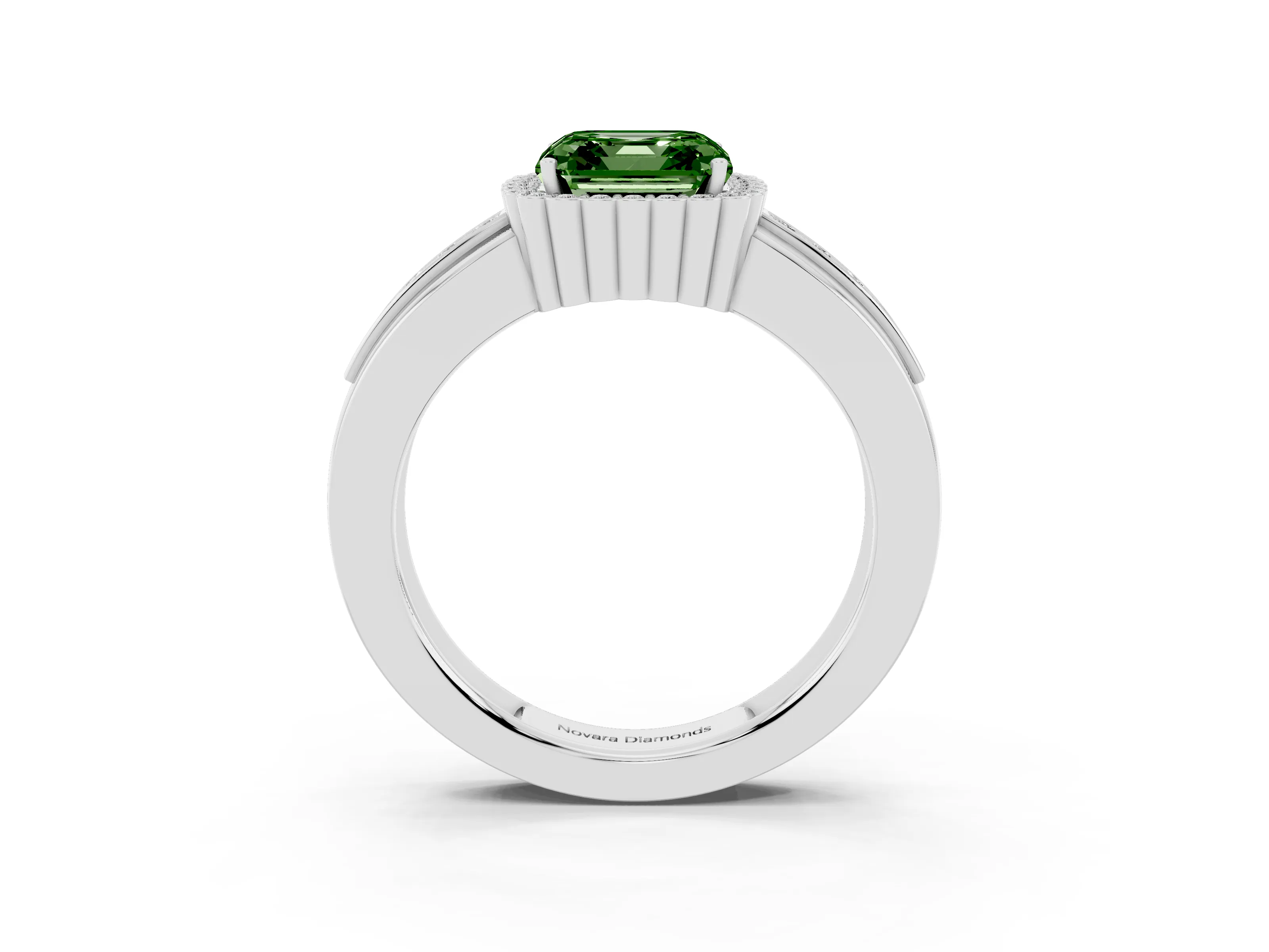 Fancy Green Asscher Cut Diamond Halo Prong Ring Set in Platinum with Pavé Band