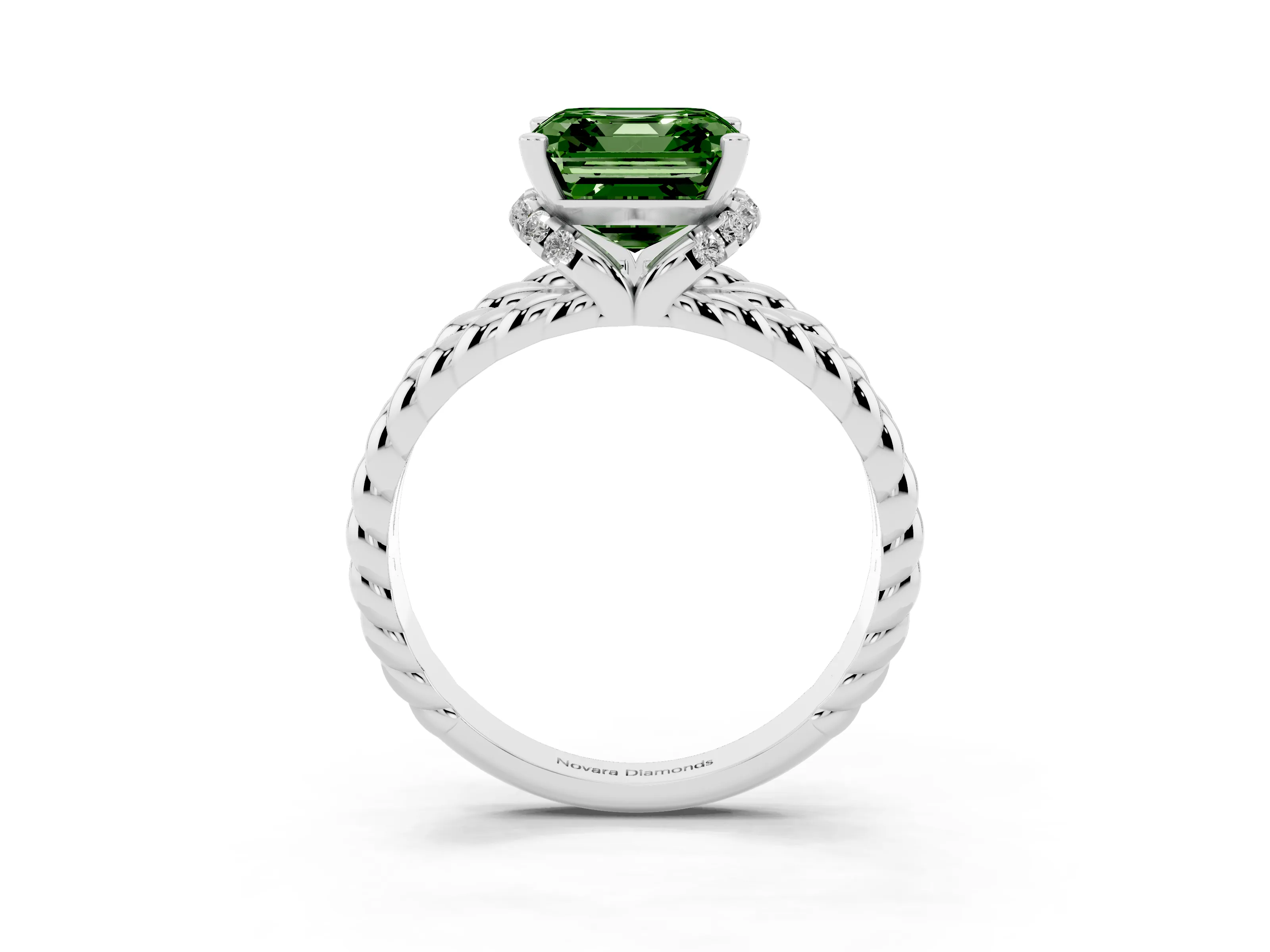 Fancy Green Asscher Cut Diamond Halo Ring Set in Silver with Twisted Band and Prong Setting