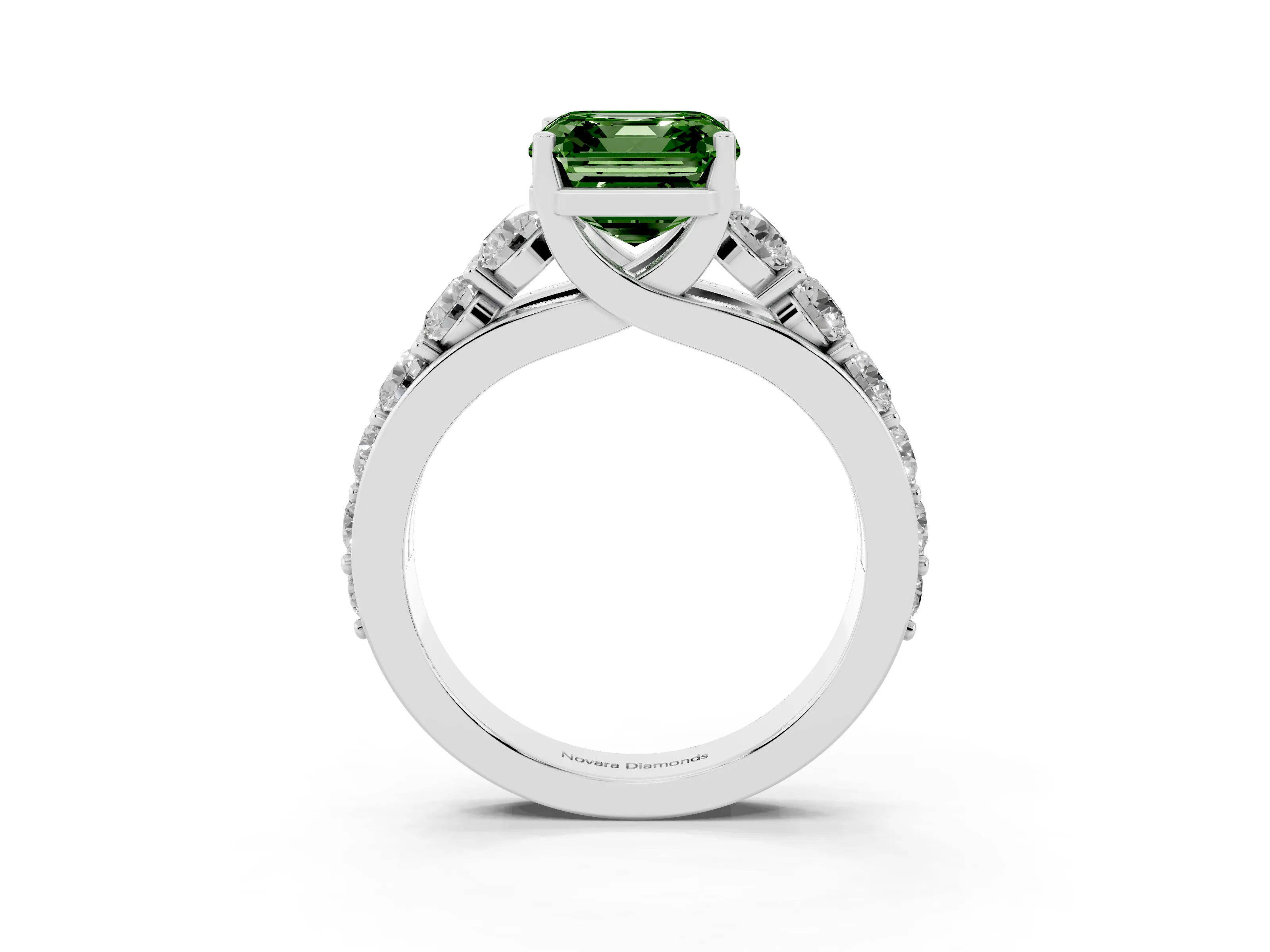Fancy Green Asscher Cut Diamond Pavé Engagement Ring Set in Silver with Prong Setting
