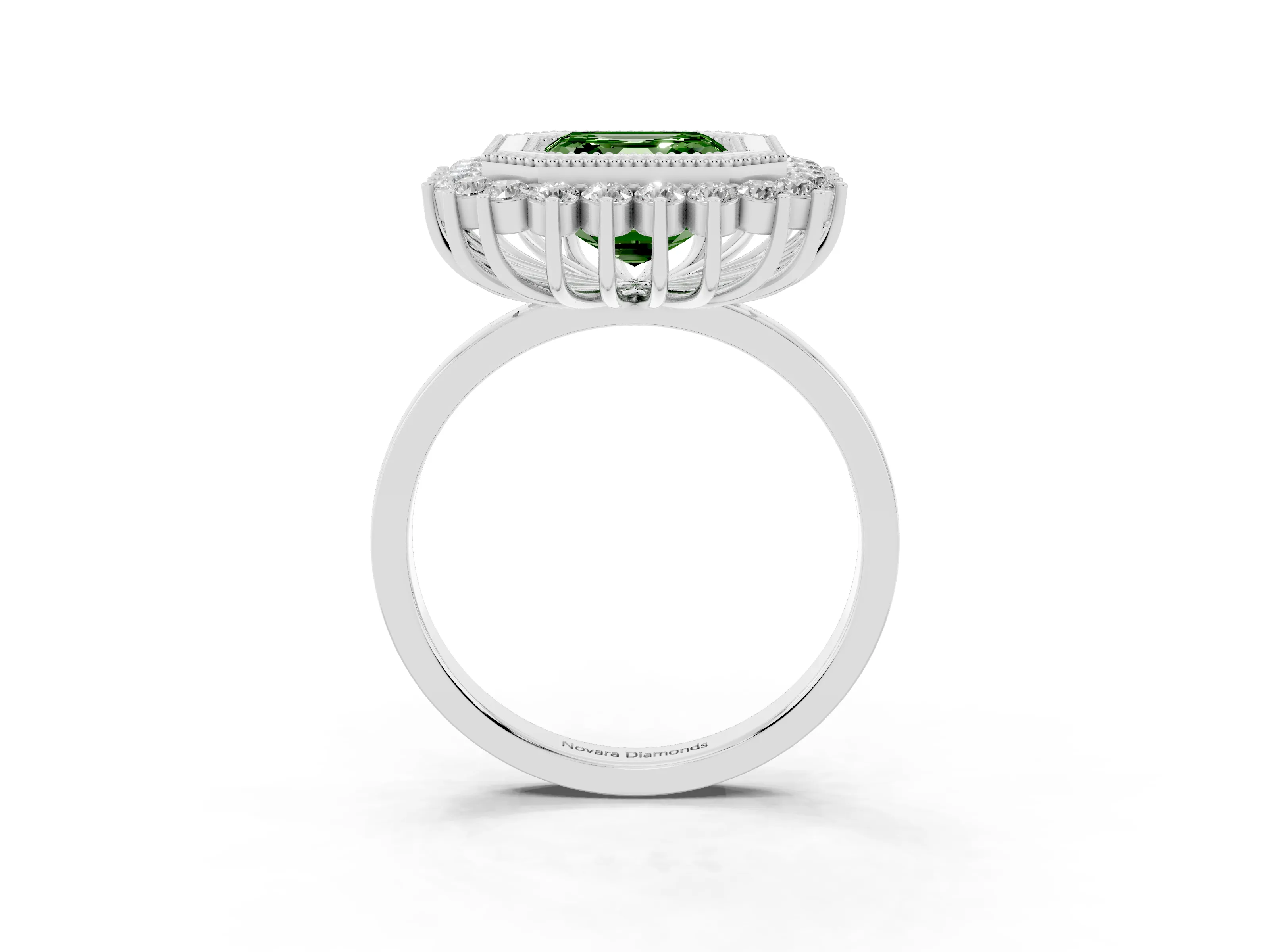 Fancy Green Asscher Cut Diamond Halo Ring Set in Silver with Milgrain Edge and Round Prong Setting