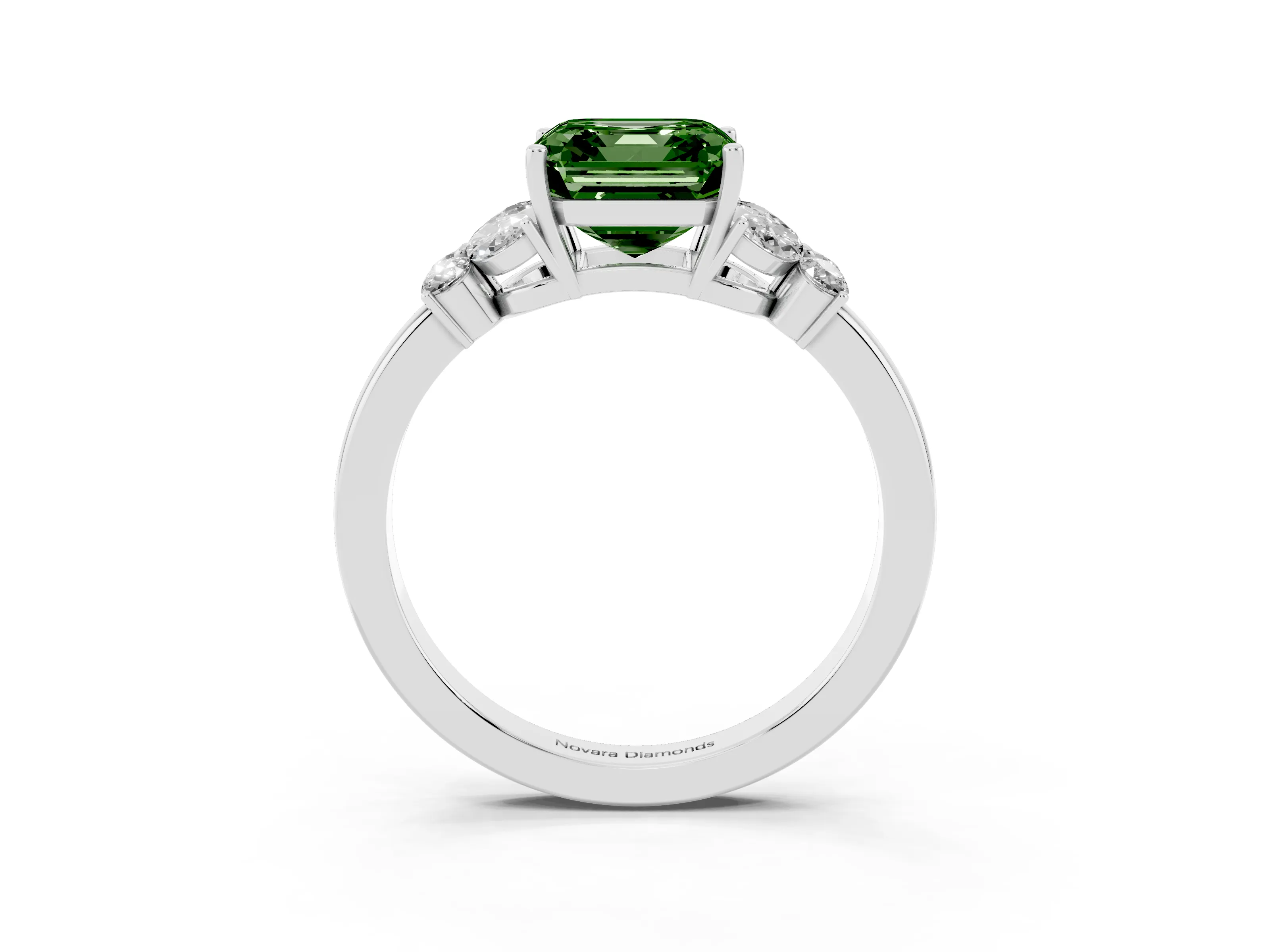 Fancy Green Asscher Cut Diamond Solitaire Floral Ring Set in Platinum with Marquise Petals and Prong Setting