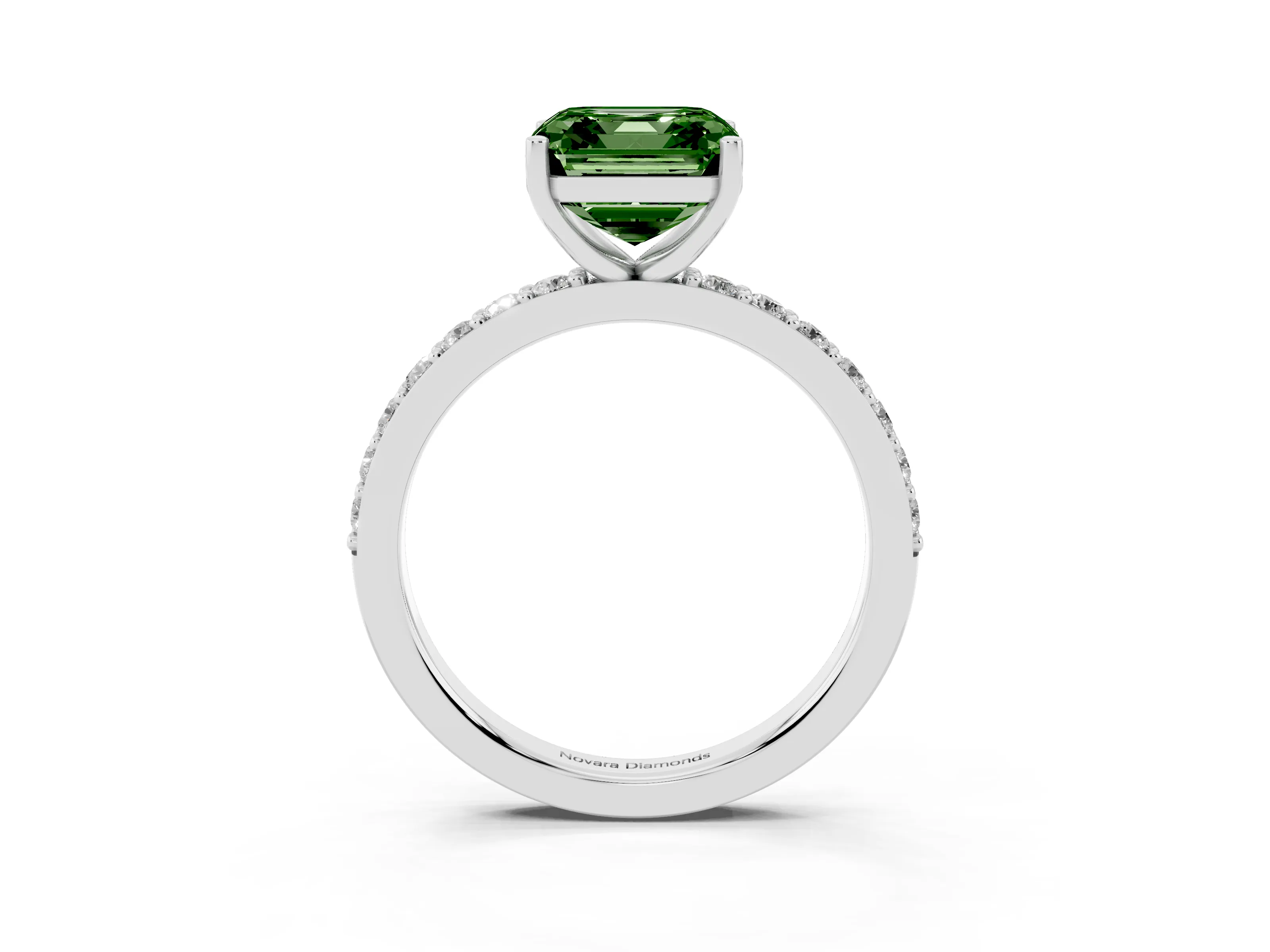 Fancy Green Asscher Cut Diamond Solitaire Set in Silver with Round Pavé Band and Prong Setting