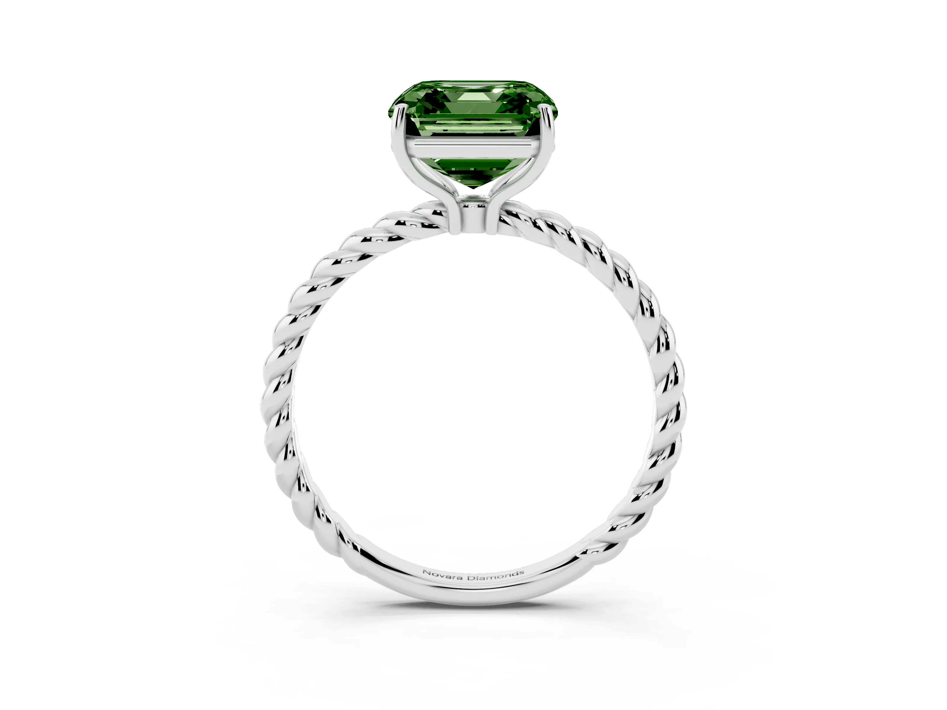 Fancy Green Asscher Cut Diamond Solitaire Ring Set in White gold with Twist Band and Prong Setting